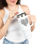 40oz Insulated Travel Mug — Silver Doodle Heart Design
