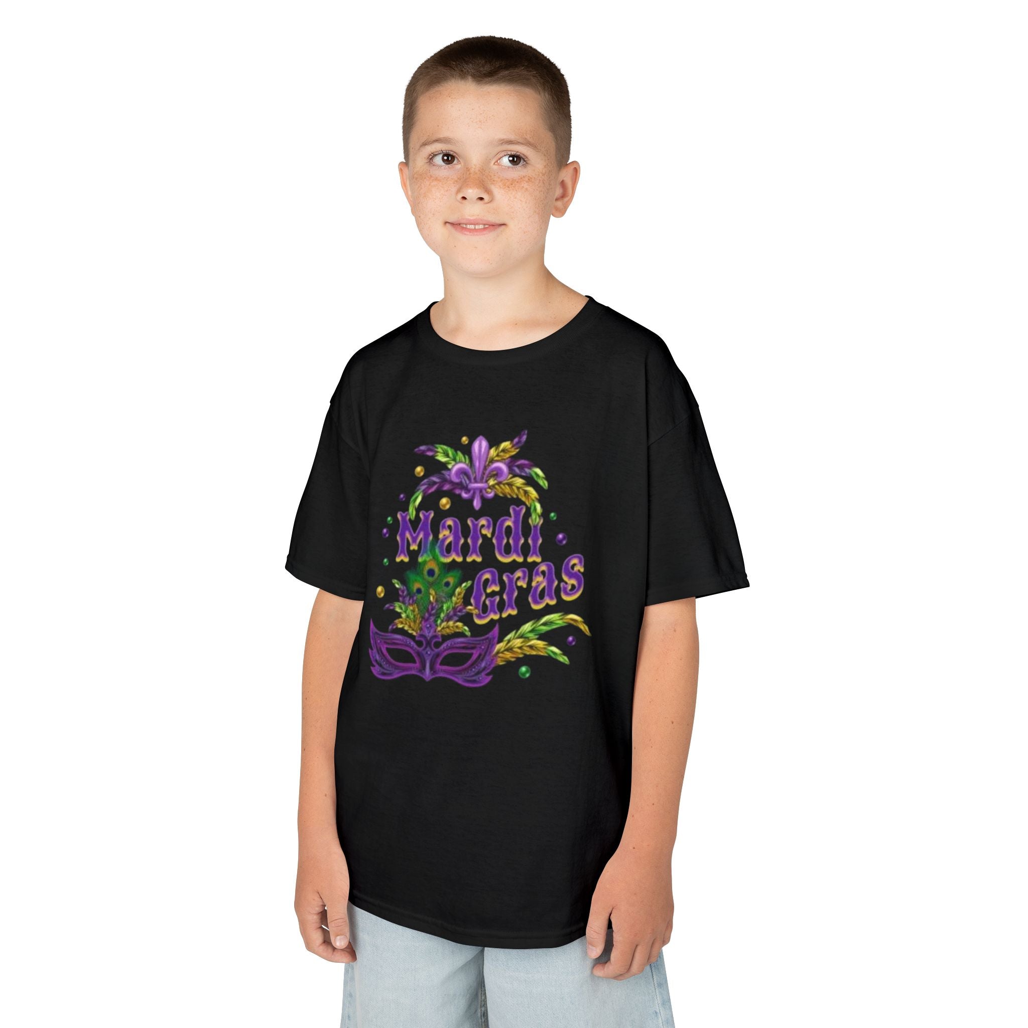 Kids Mardi Gras T-Shirt — Purple & Green Mask Design