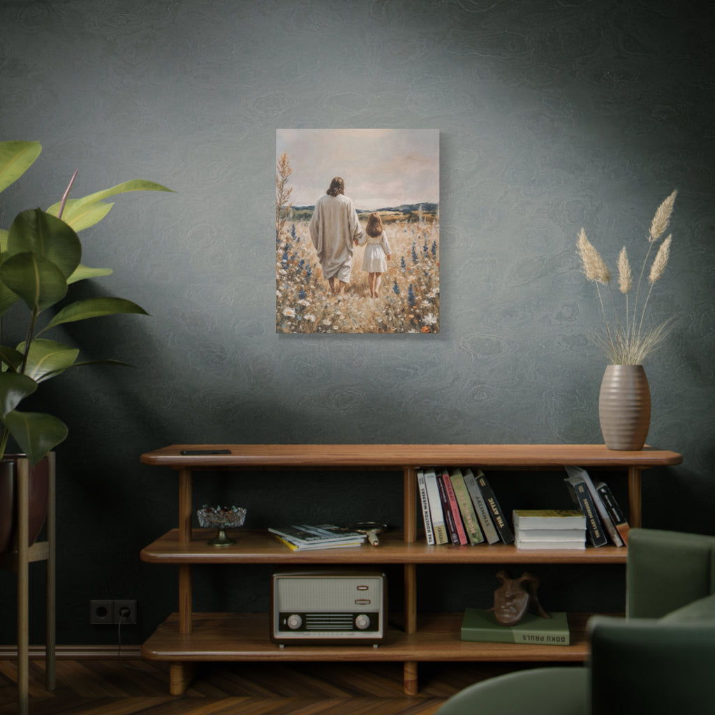 Jesus and Child Walking in Field Canvas Art - Religious Wall Decor