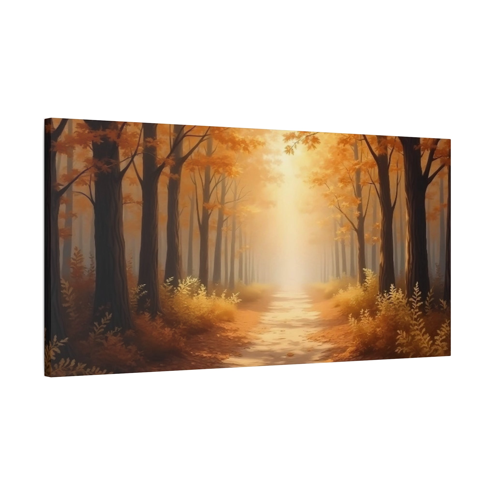 Autumn Forest Path Matte Canvas Wall Art — Golden Sunlit Woodland Scene