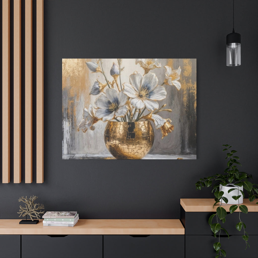 Floral Gold Vase Canvas Print — Elegant White & Blue Flower Wall Art