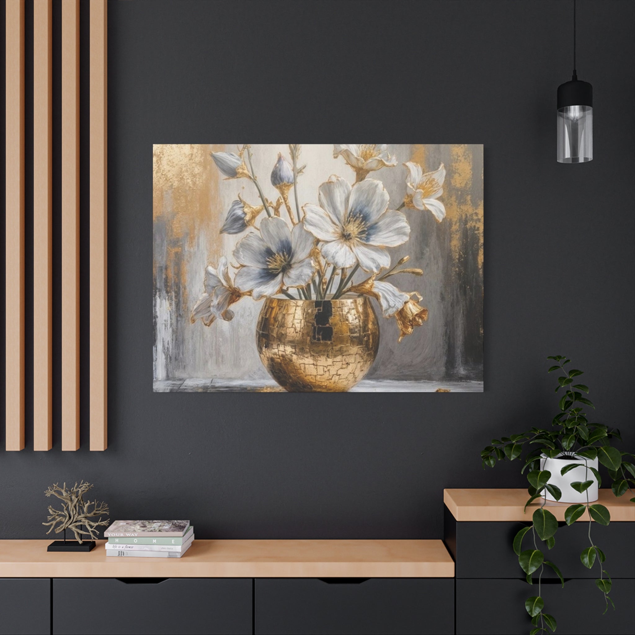 Floral Gold Vase Canvas Print — Elegant White & Blue Flower Wall Art