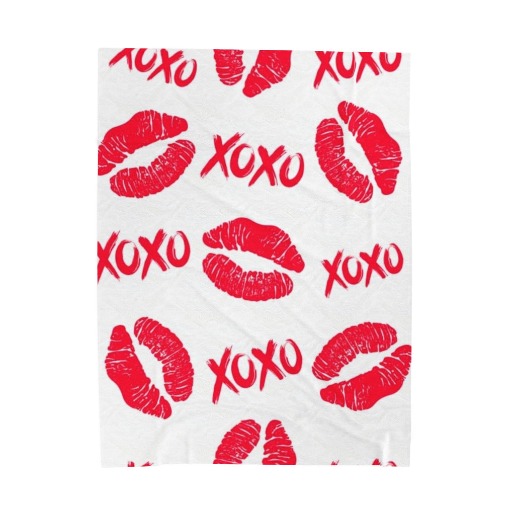 Velveteen Plush Blanket — Red Kiss Prints with XOXO Pattern (Valentine’s Cozy Throw)