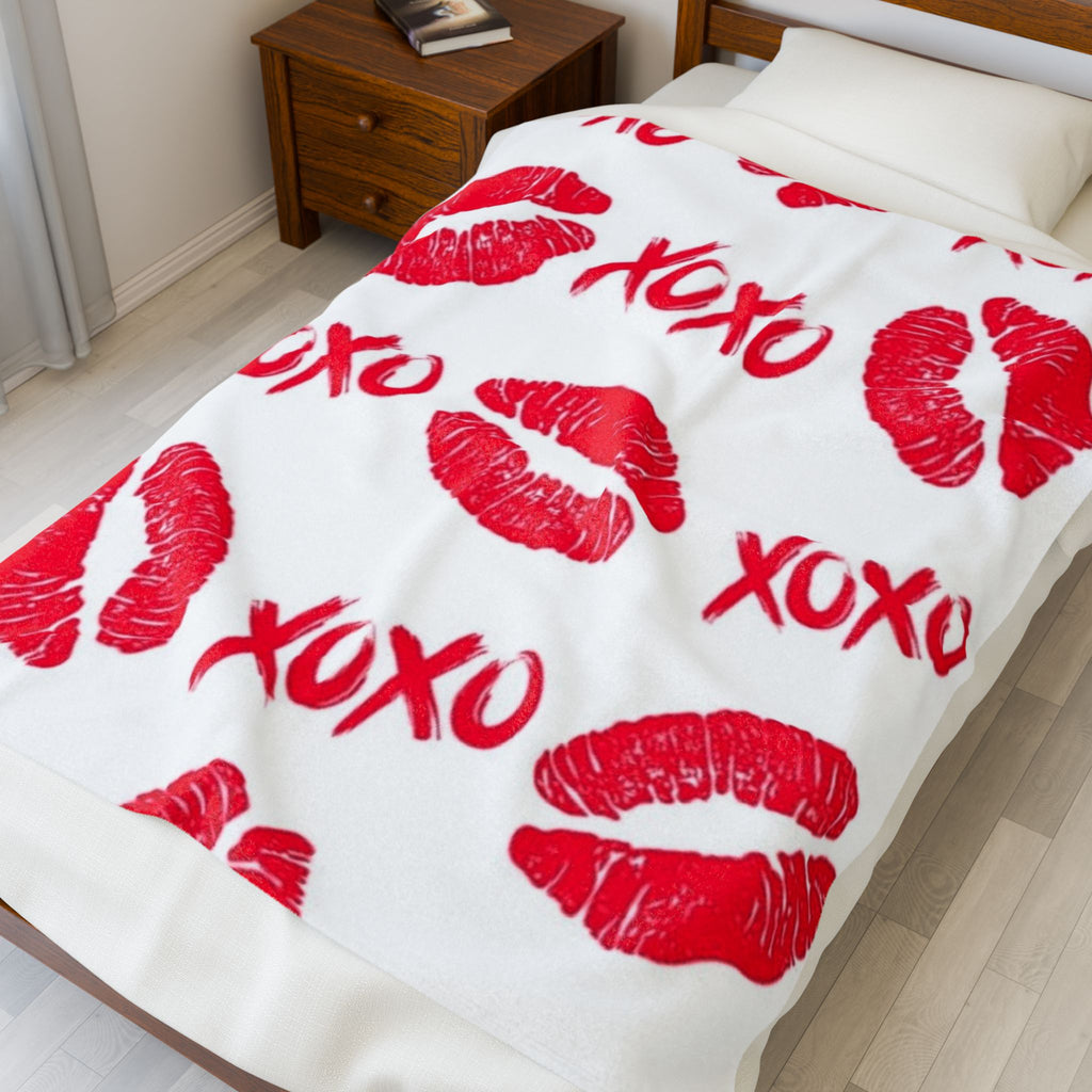 Velveteen Plush Blanket — Red Kiss Prints with XOXO Pattern (Valentine’s Cozy Throw)