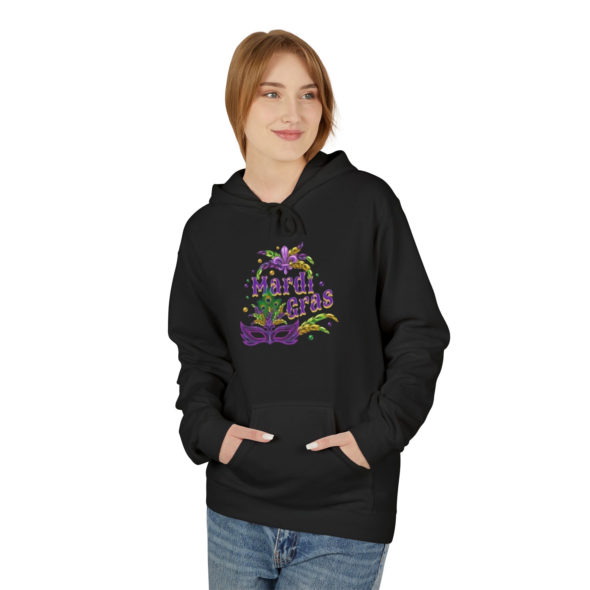 Mardi Gras Mask Hoodie — Purple Green Gold Carnival Pullover