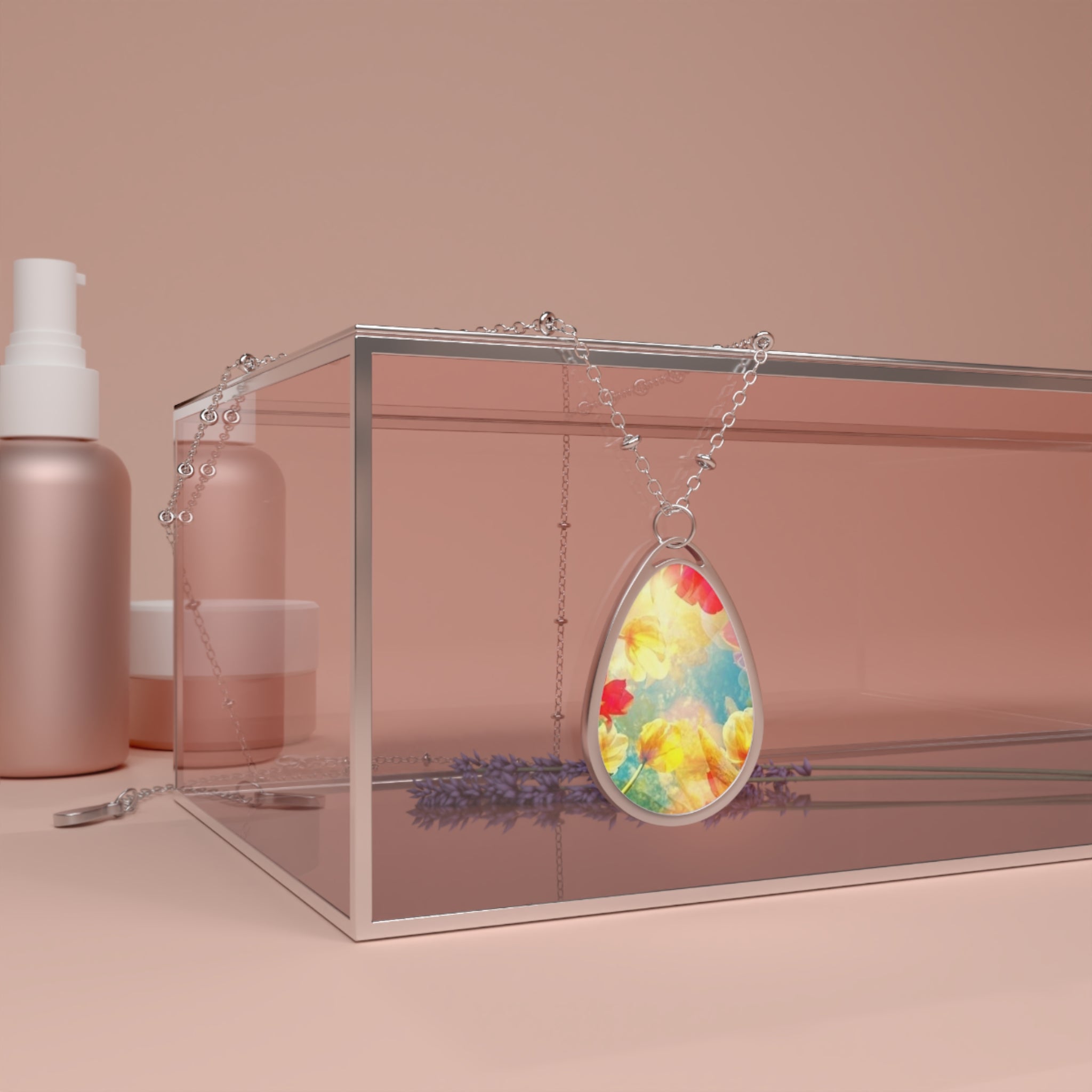 Floral Watercolor Oval Pendant Necklace — Colorful Teardrop Charm