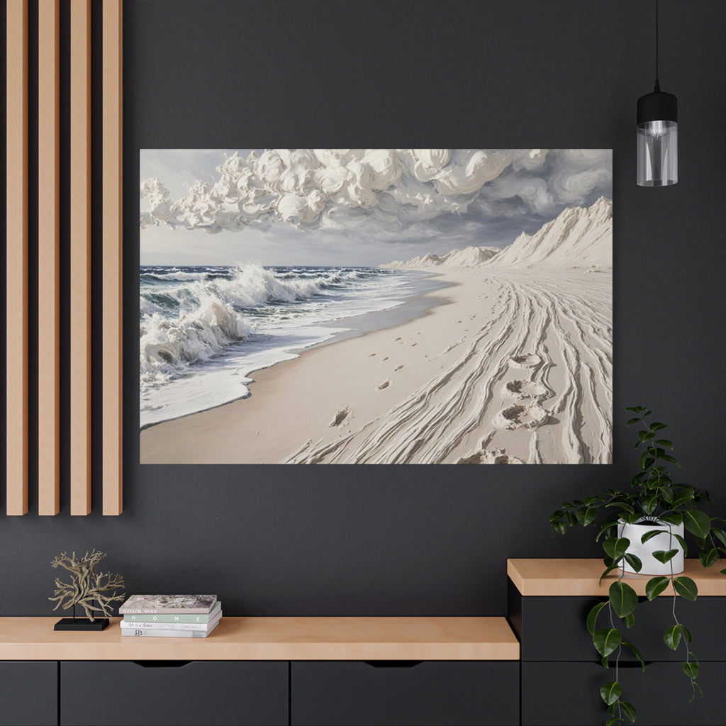 Coastal Serenity Matte Canvas Wall Art — Ocean Waves & Sandy Footprints
