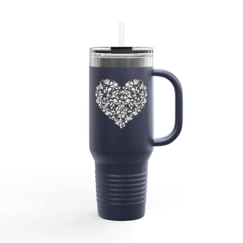 40oz Insulated Travel Mug — Silver Doodle Heart Design