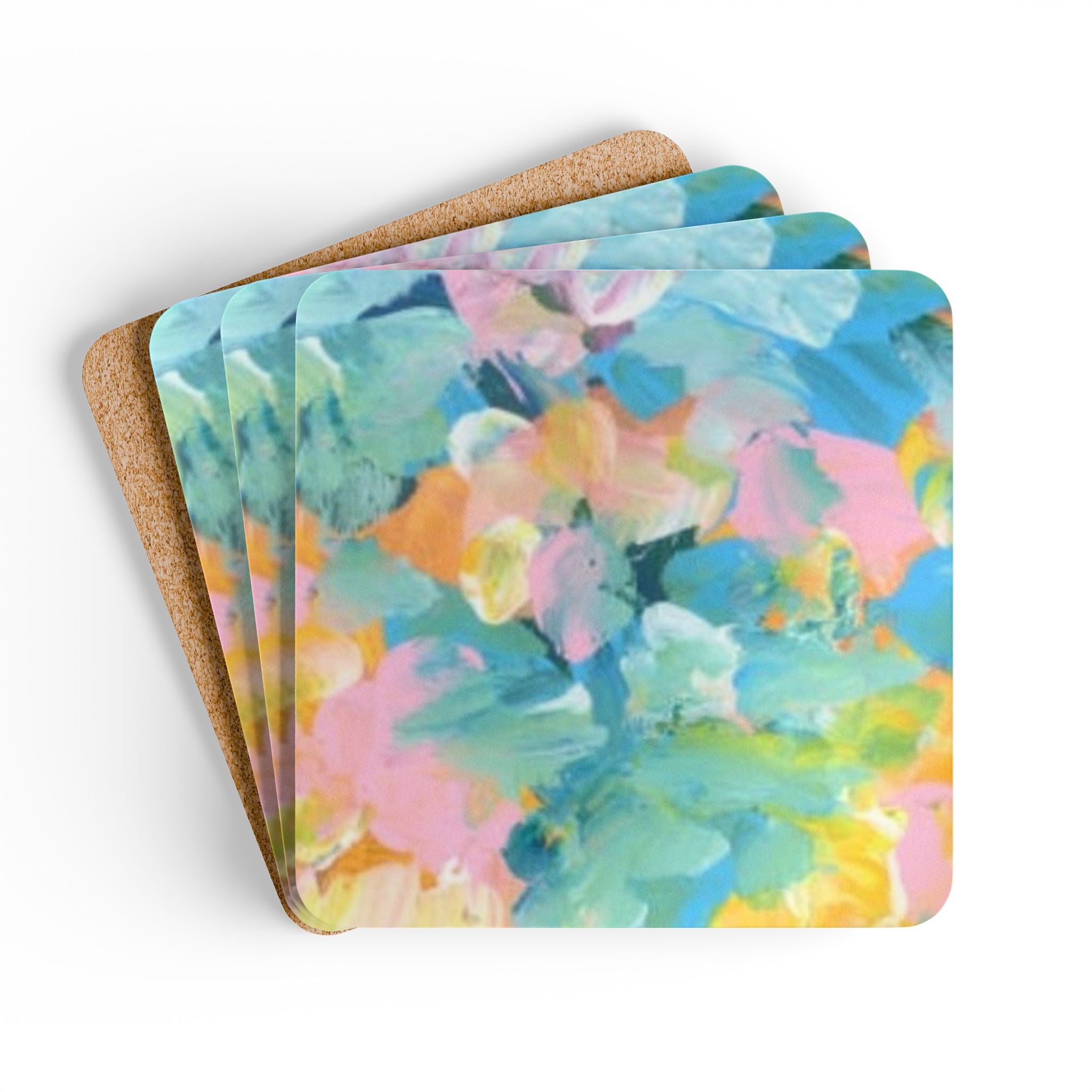 Abstract Pastel Floral Cork Coaster Set — Colorful Spring Drink Coasters (4-Pack)