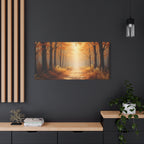 Autumn Forest Path Matte Canvas Wall Art — Golden Sunlit Woodland Scene