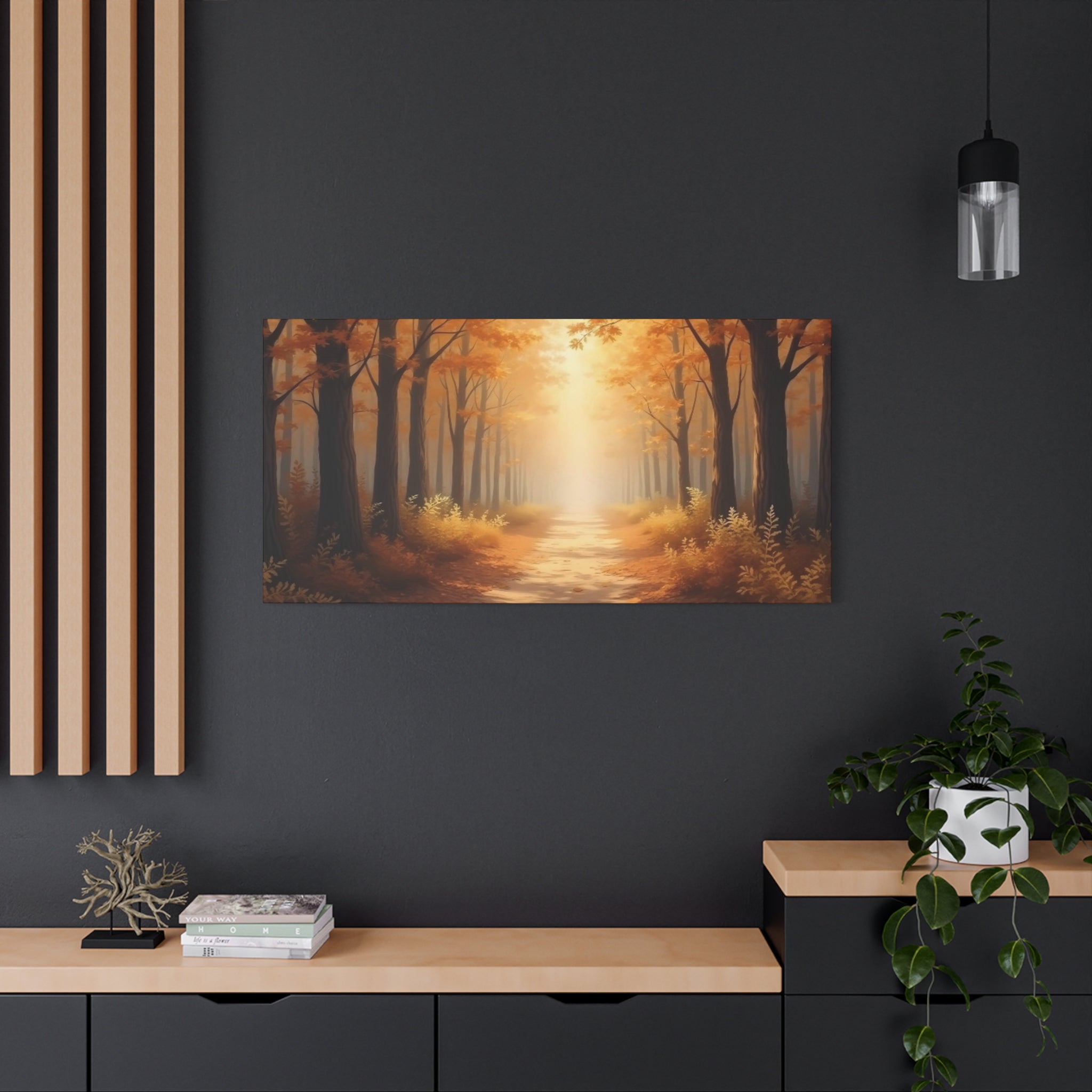 Autumn Forest Path Matte Canvas Wall Art — Golden Sunlit Woodland Scene