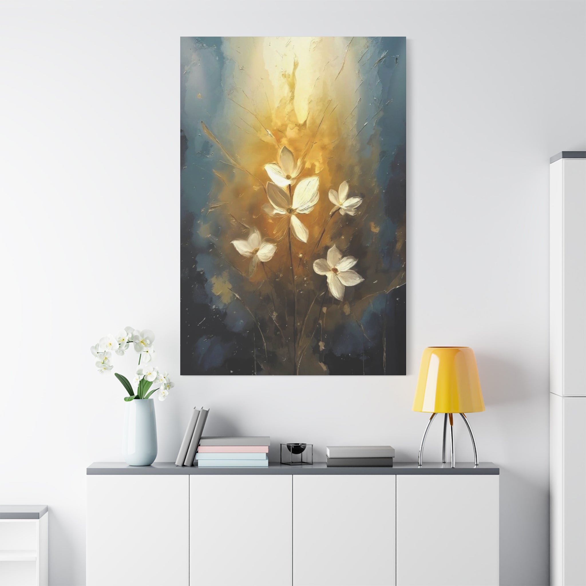 Golden Floral Canvas Print – Abstract White Flowers on Matte Stretched Canvas
