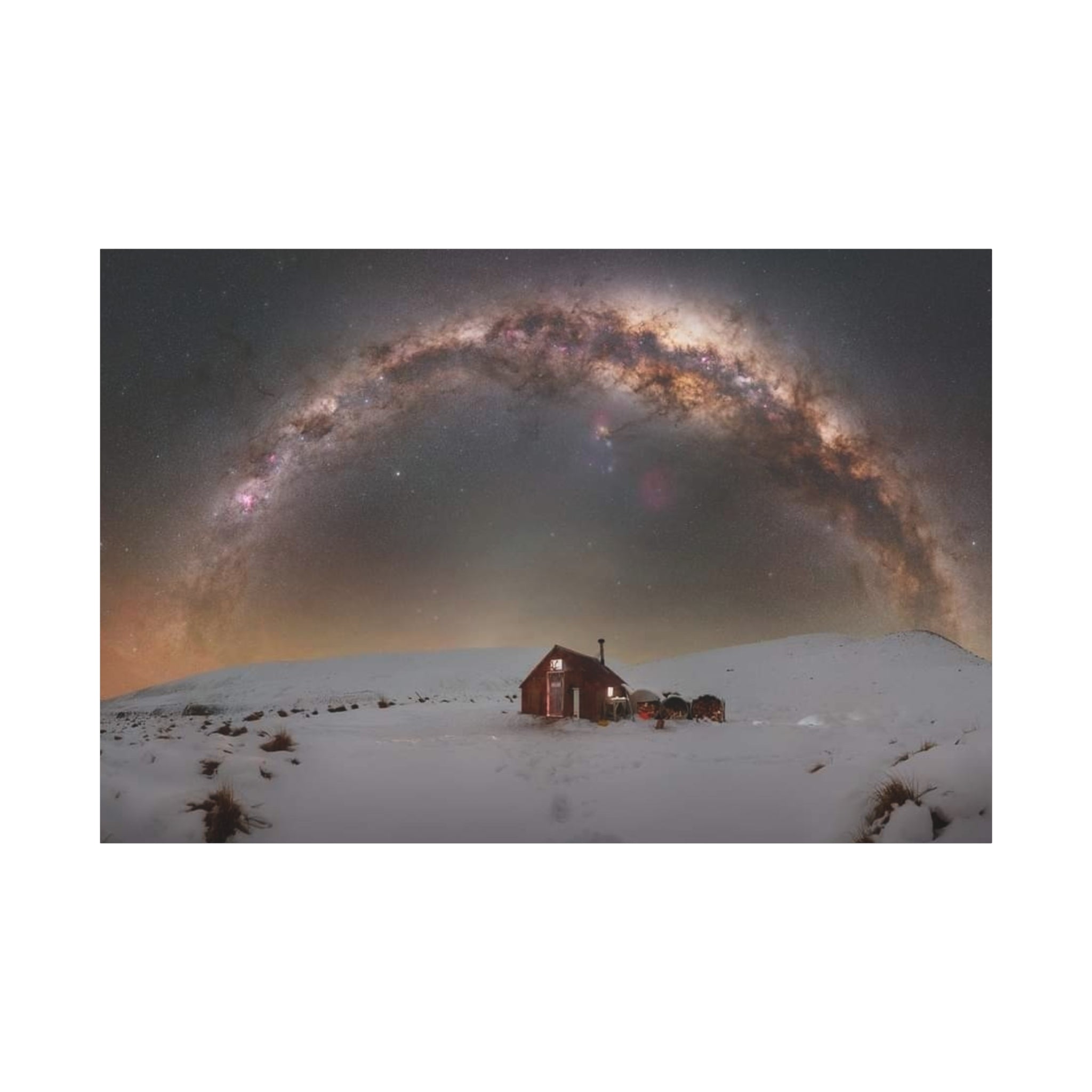 Milky Way Over Snowy Cabin — Matte Stretched Canvas Wall Art