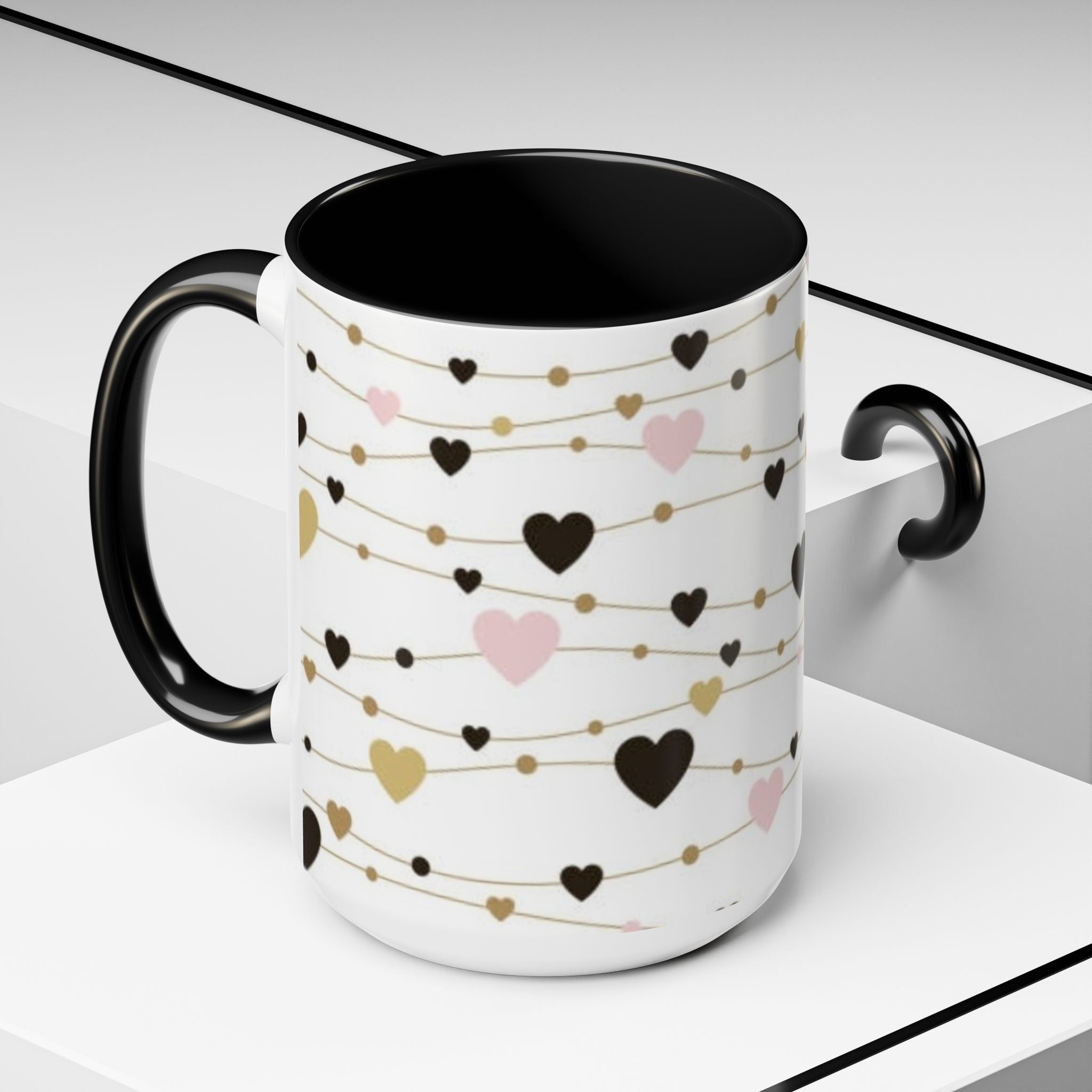 Heart Garland Accent Coffee Mug — Pink & Gold Valentine Ceramic