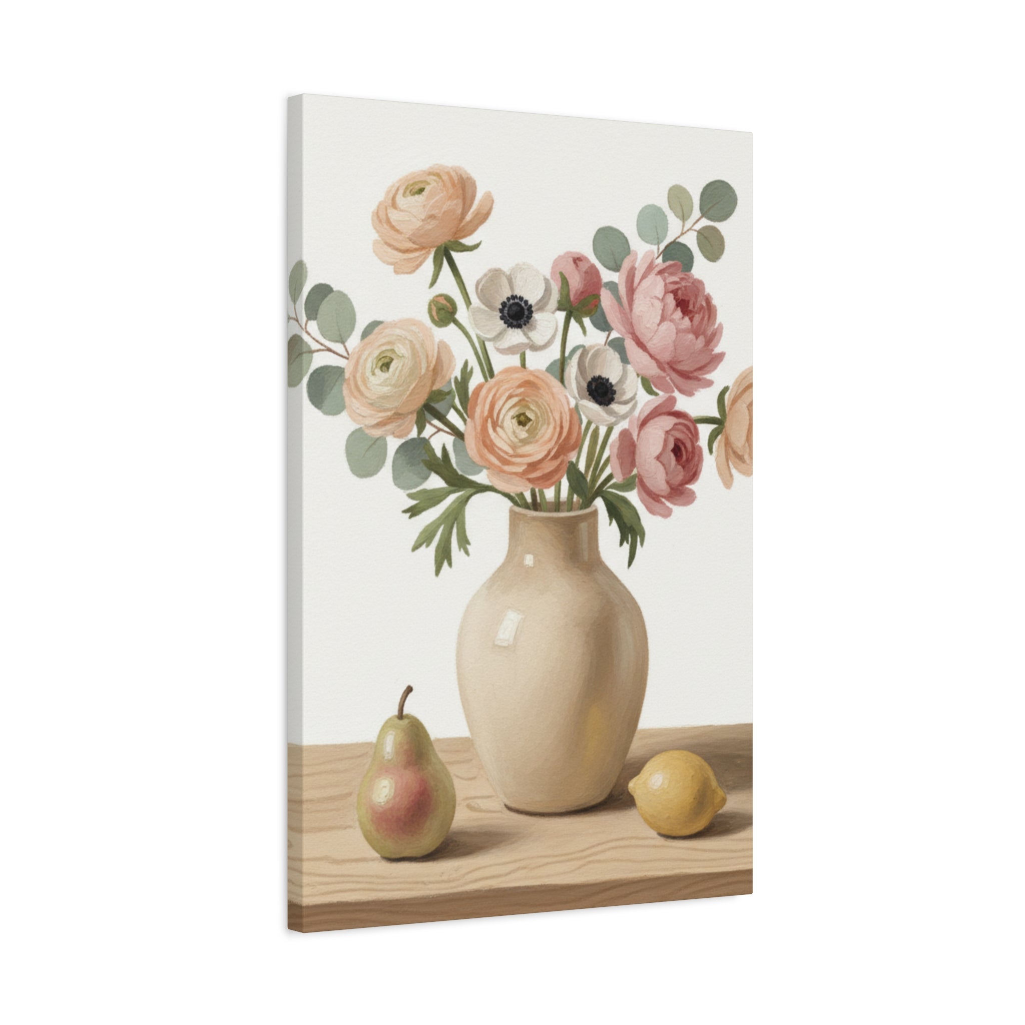 Floral Vase Canvas Wall Art — Pastel Peonies & Ranunculus Stretched Print