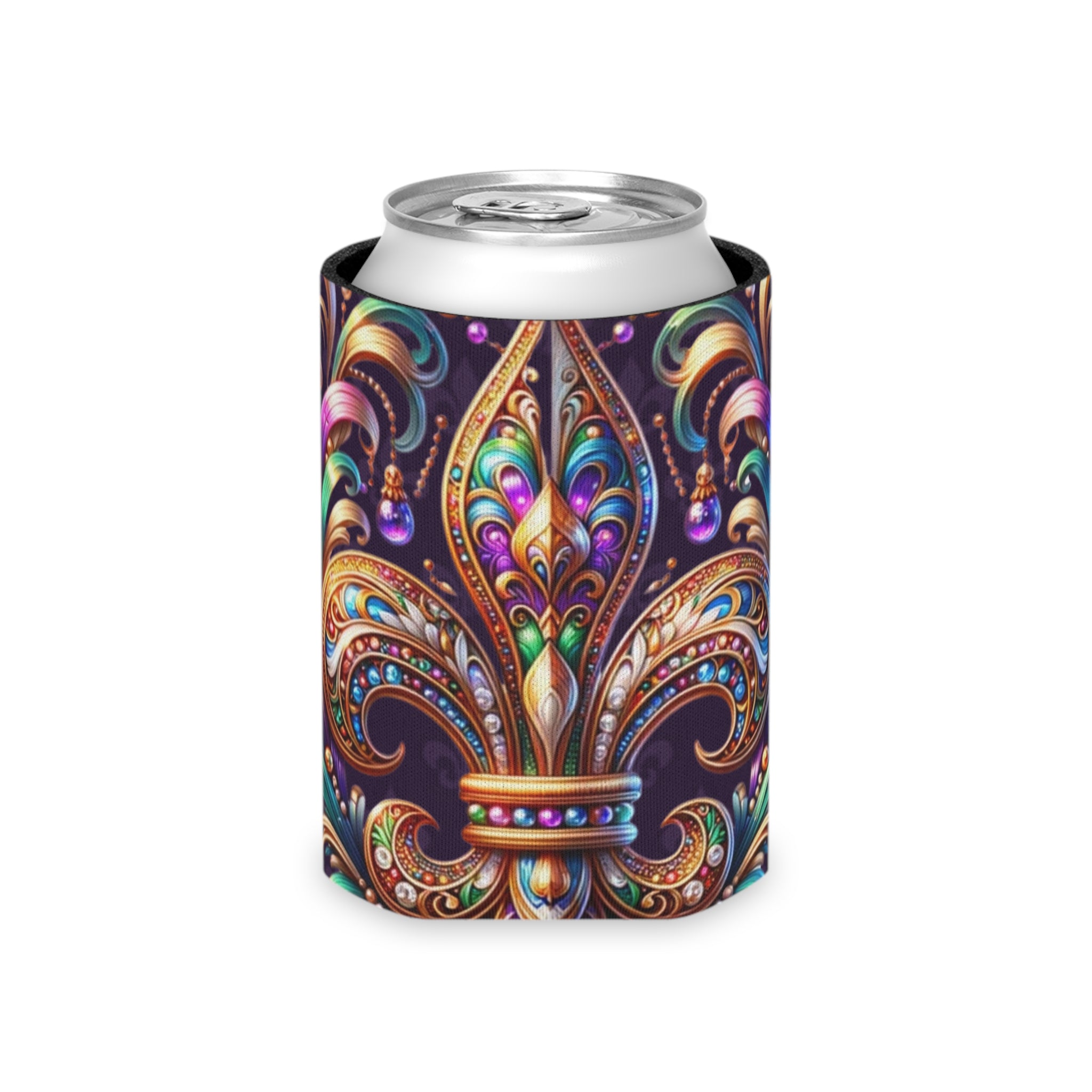 Fleur-de-Lis Can Cooler – Jewel-Tone Mardi Gras Beverage Koozie