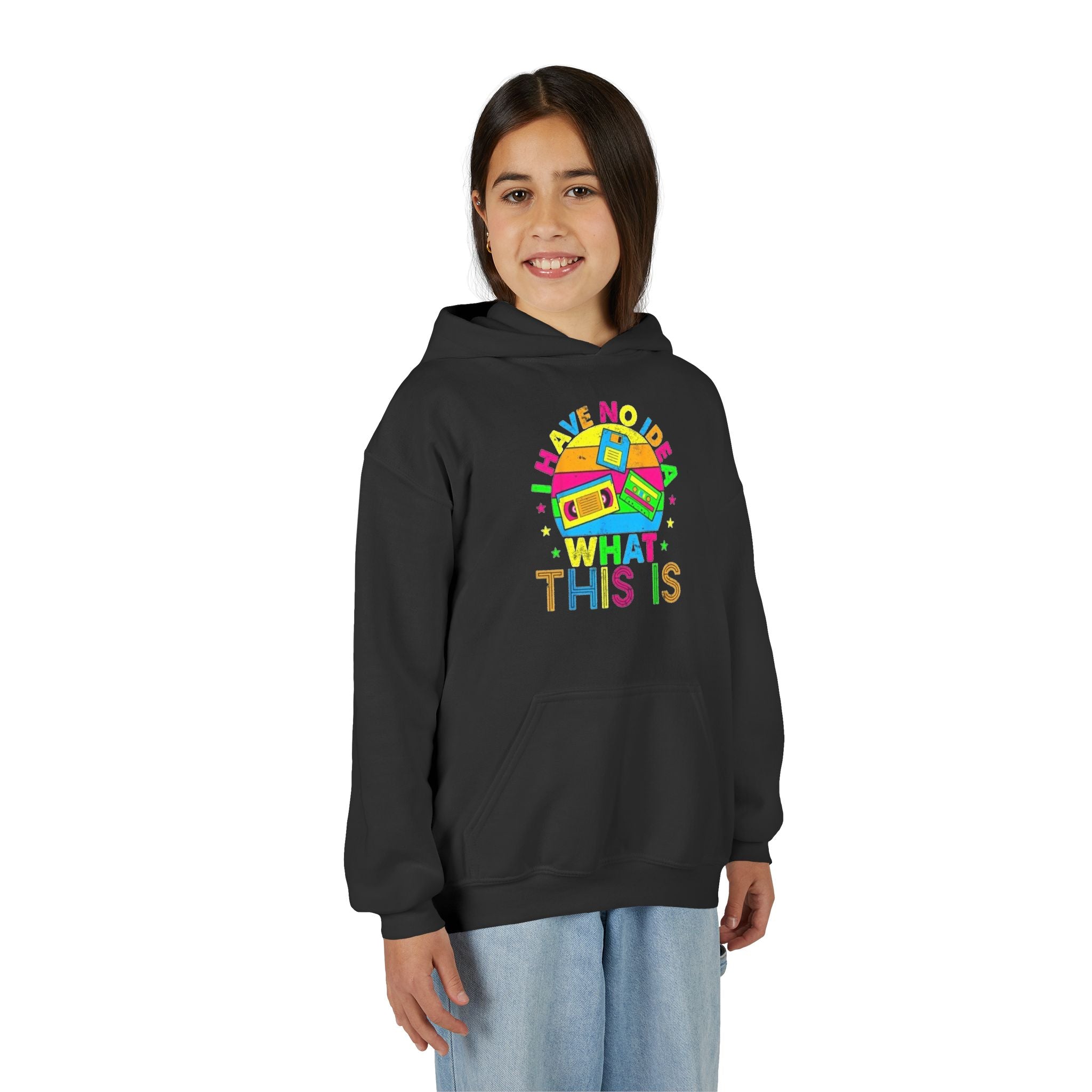 Youth Hoodie — Colorful Retro Cassette 'I Have No Idea What This Is' Graphic