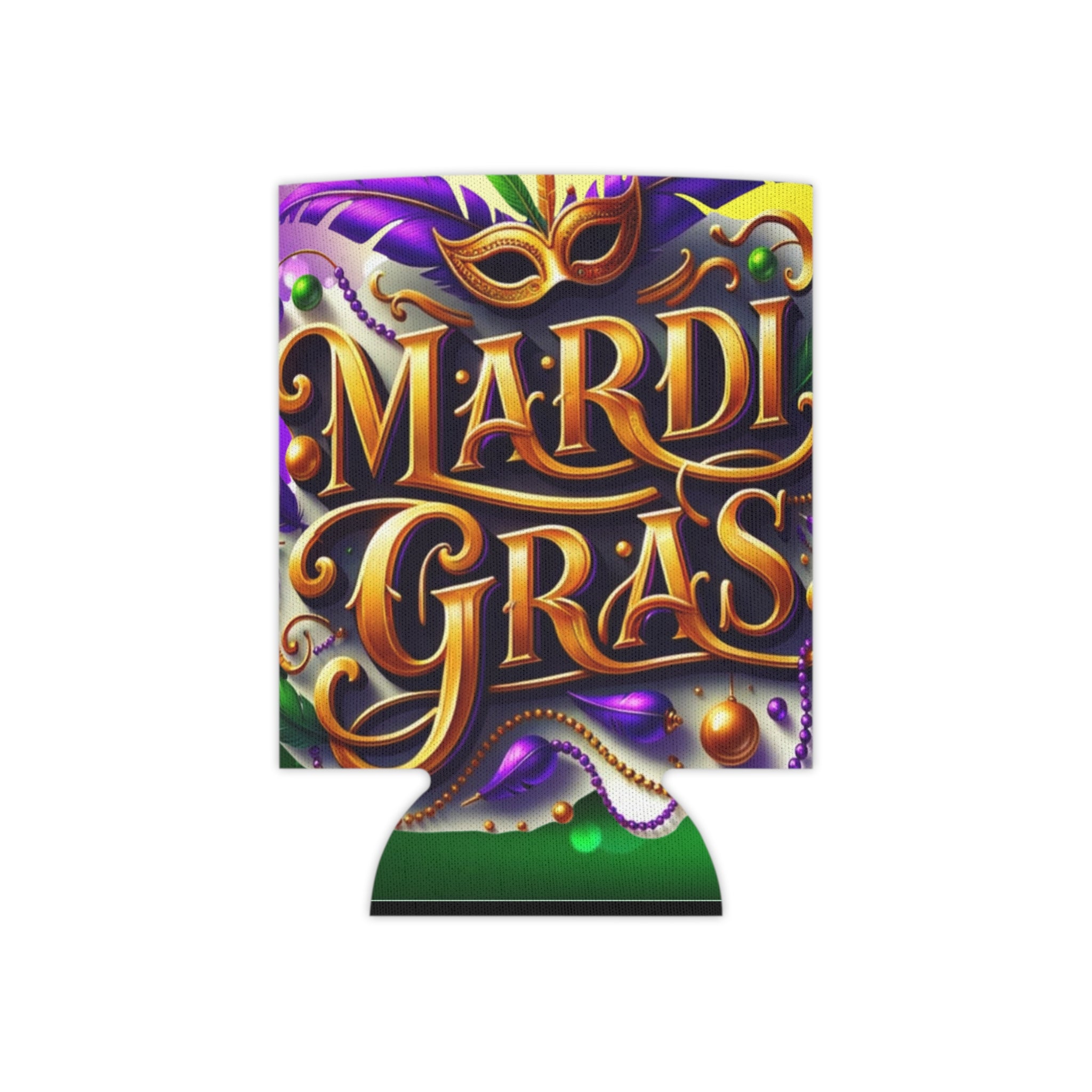 Mardi Gras Can Cooler – Festive Mask & Beads Neoprene Beer Koozie
