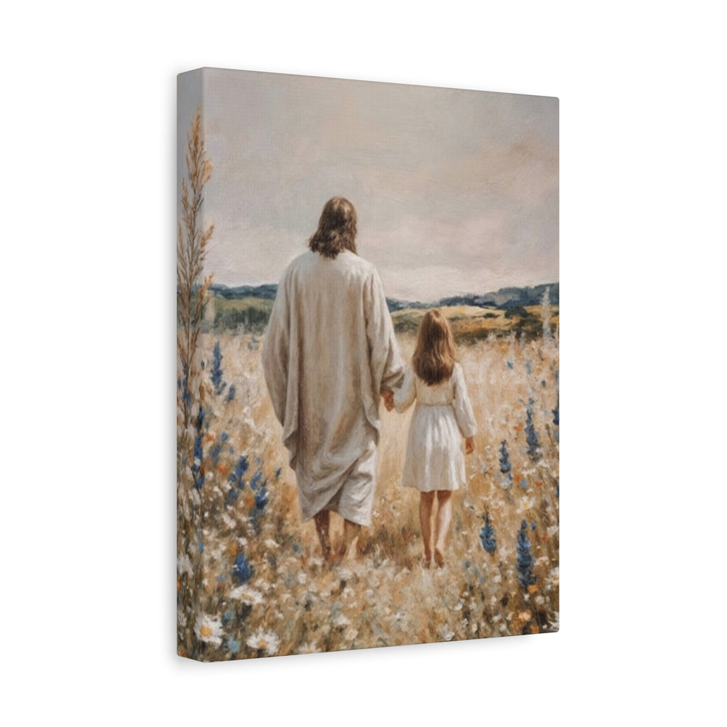 Jesus and Child Walking in Field Canvas Art - Religious Wall Decor