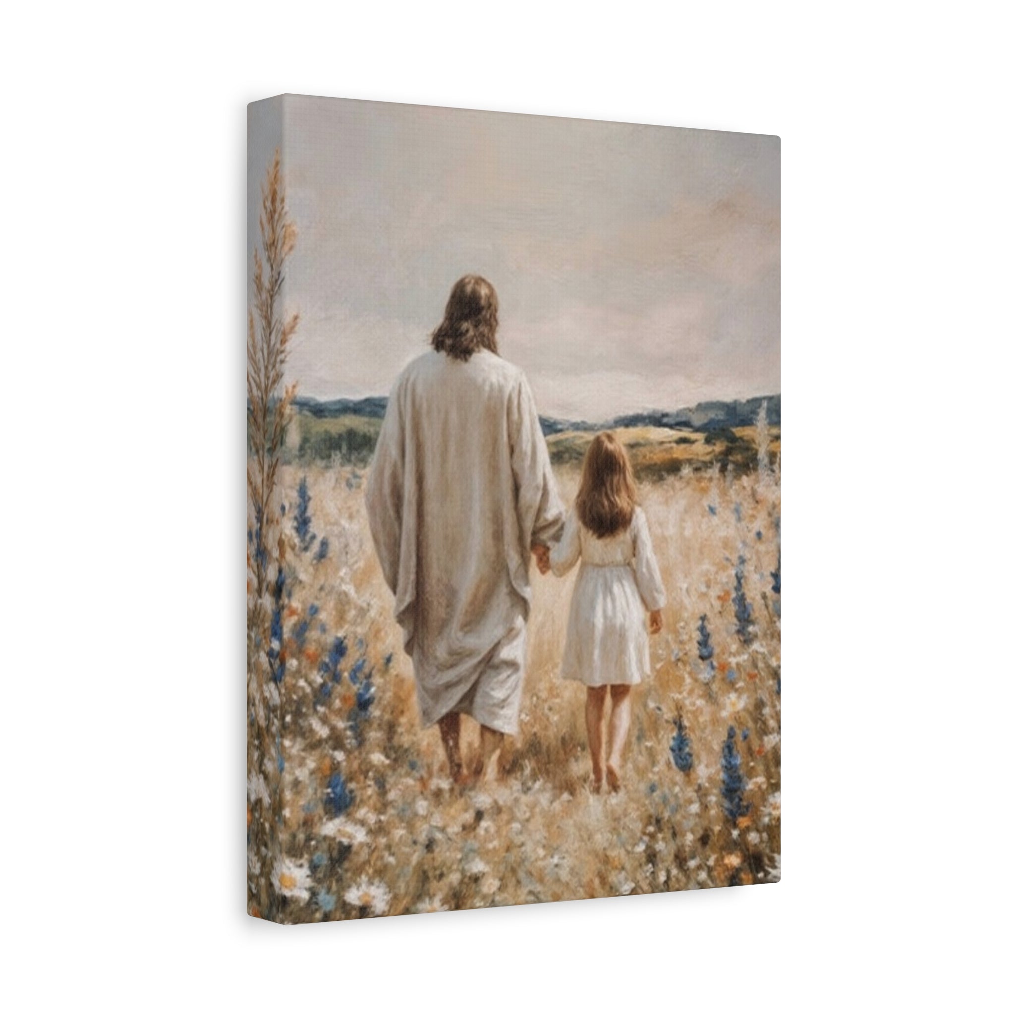 Jesus and Child Walking in Field Canvas Art - Religious Wall Decor