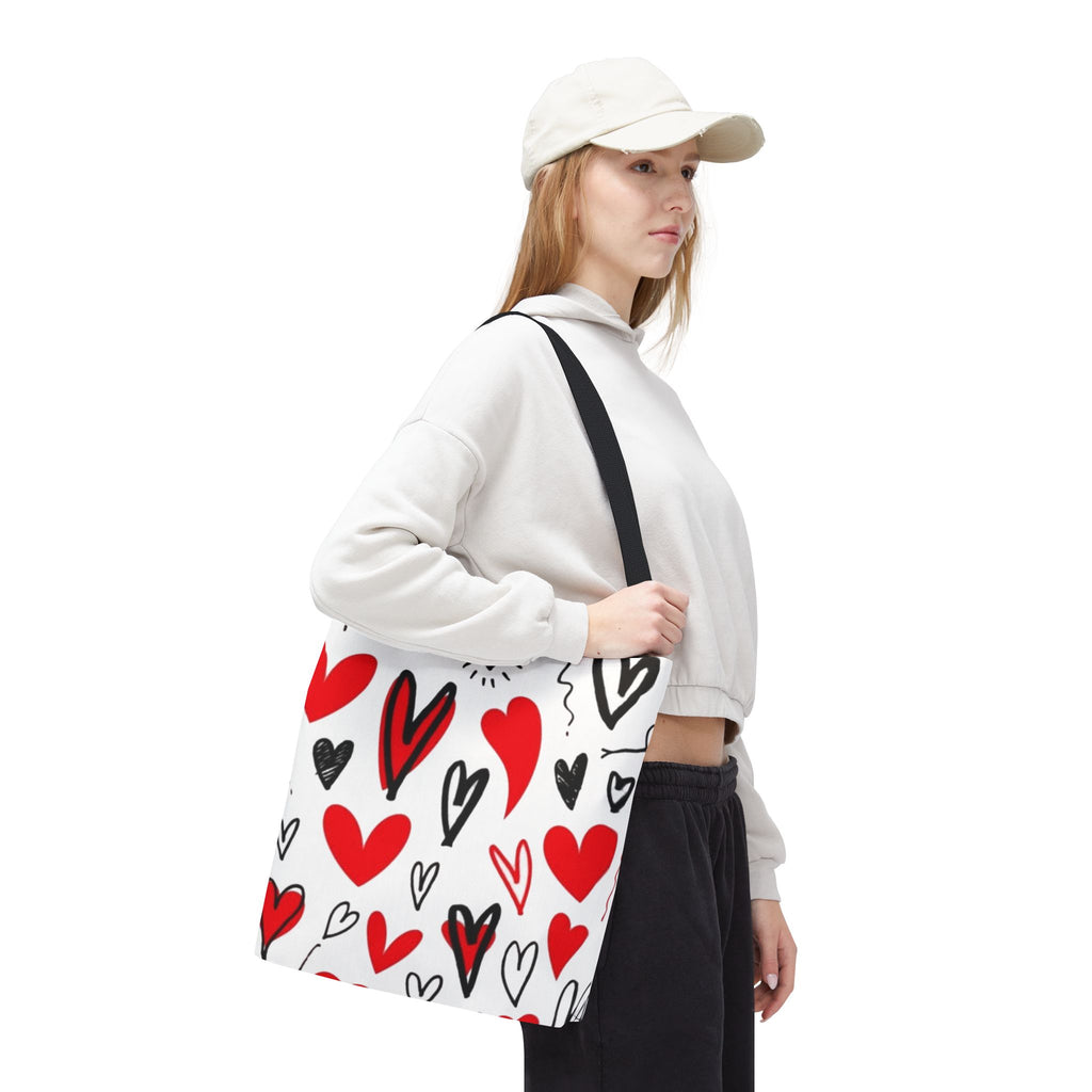 Heart Pattern Tote Bag — Red & Black Doodle Hearts All-Over Print