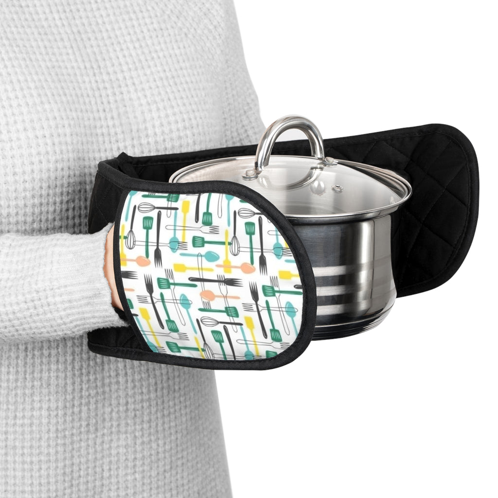 Retro Kitchen Oven Mitts - Double-Handled Pot Holder with Utensil Print