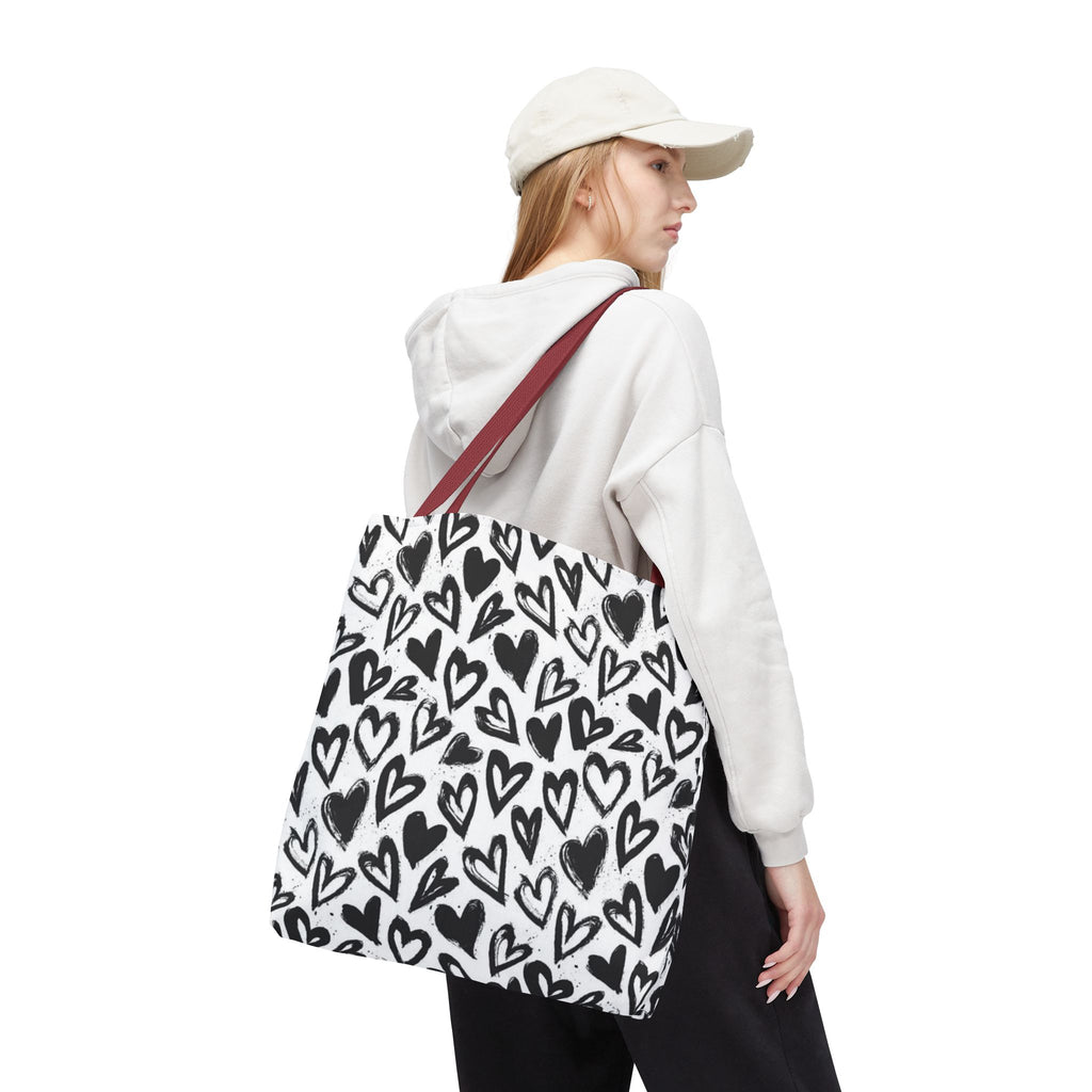 Heart Pattern Tote Bag — Black & White Hand-Drawn Hearts All-Over Print