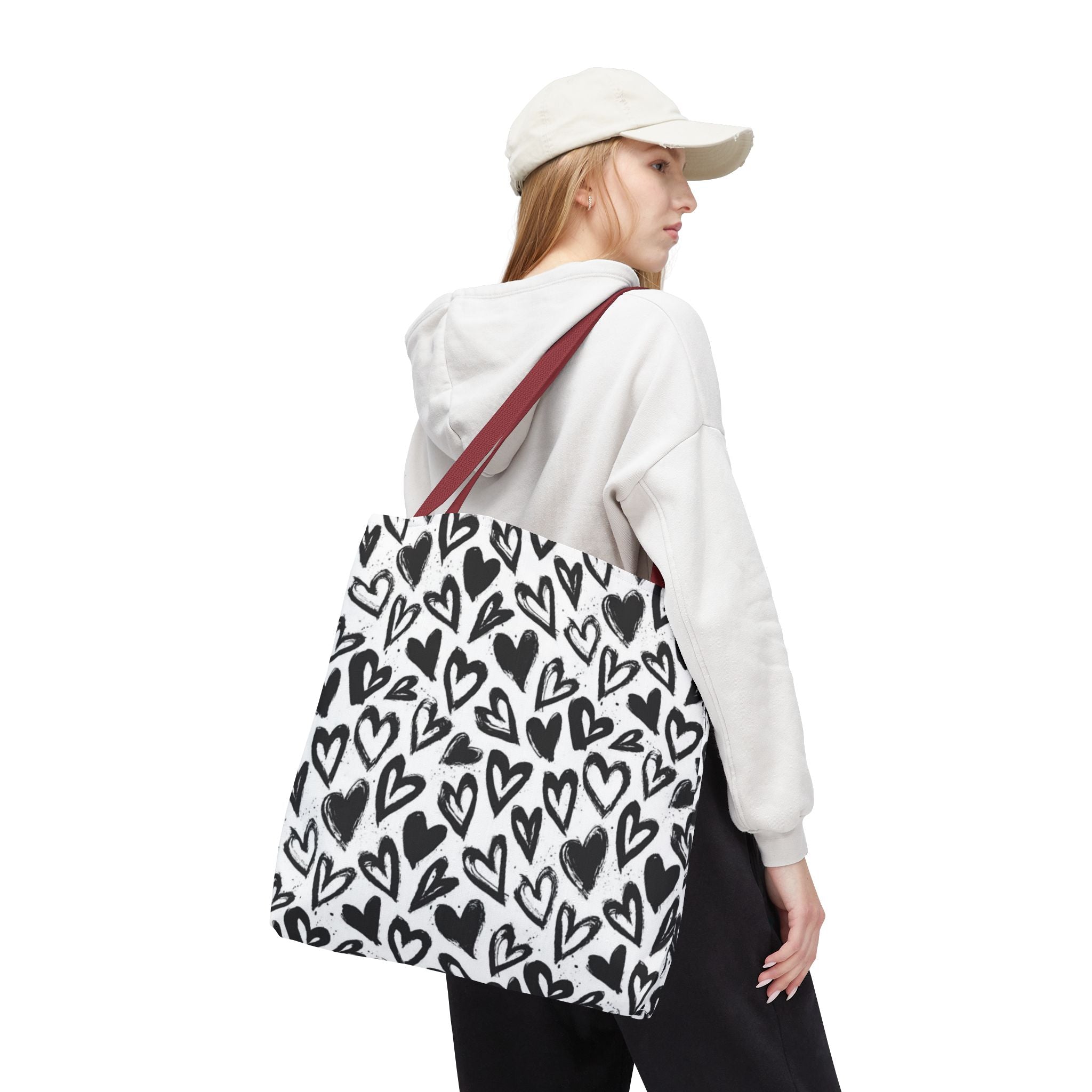 Heart Pattern Tote Bag — Black & White Hand-Drawn Hearts All-Over Print