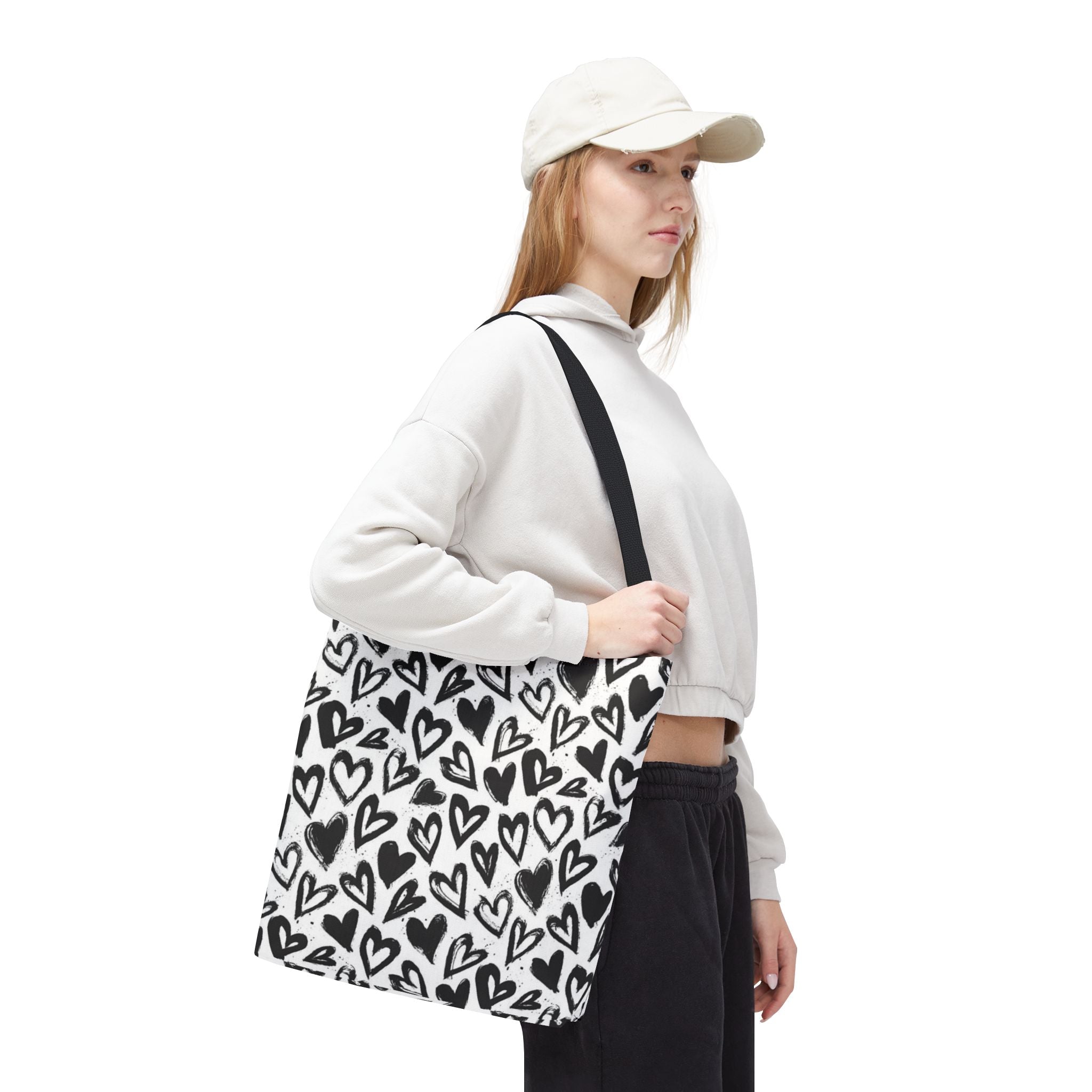 Heart Pattern Tote Bag — Black & White Hand-Drawn Hearts All-Over Print