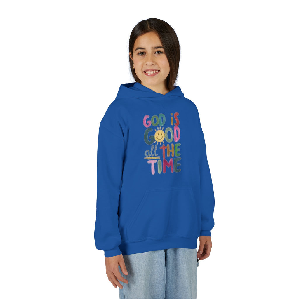 Youth Hoodie — "God Is Good All The Time" Colorful Faith Pullover