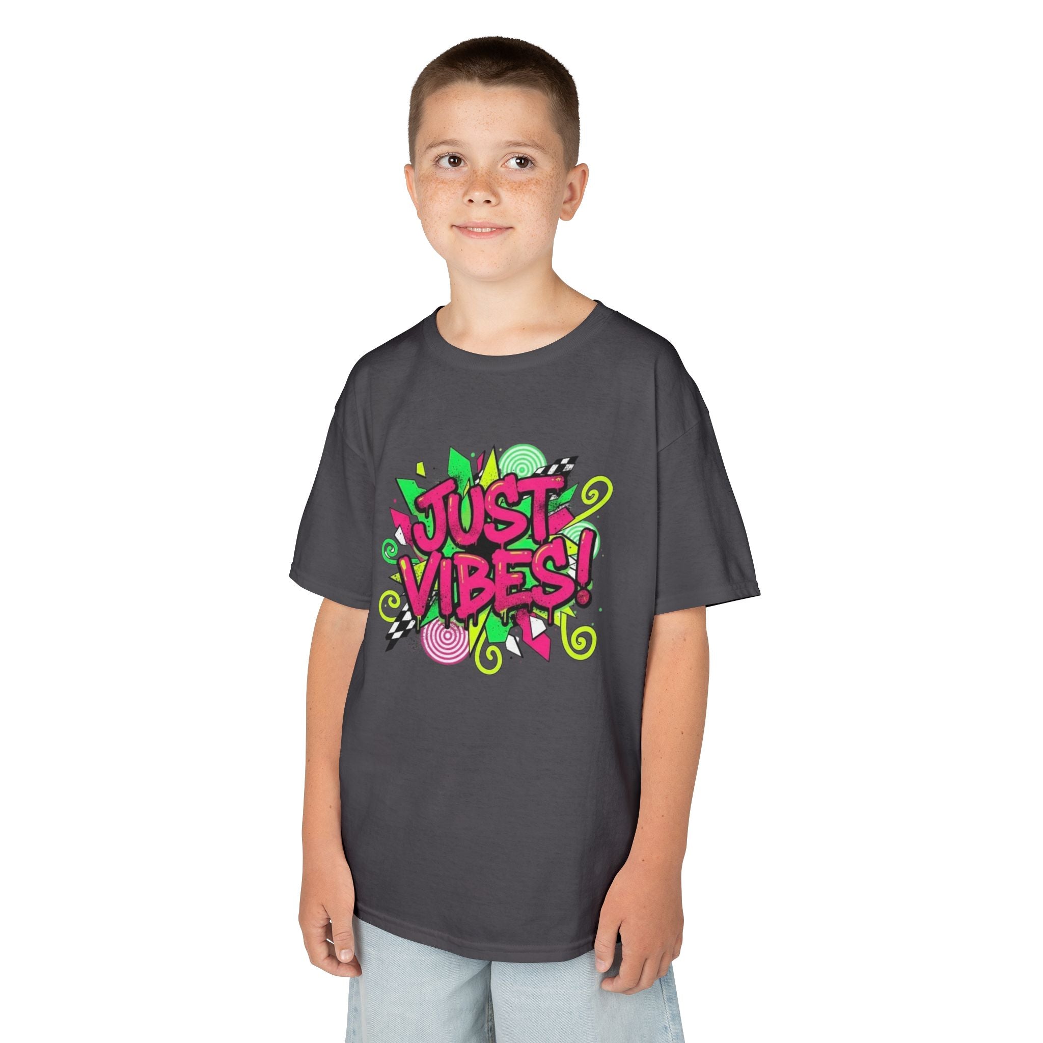 Kids T‑Shirt — "Just Vibes" Neon Graffiti Graphic Tee for Playful, Trendy Kids