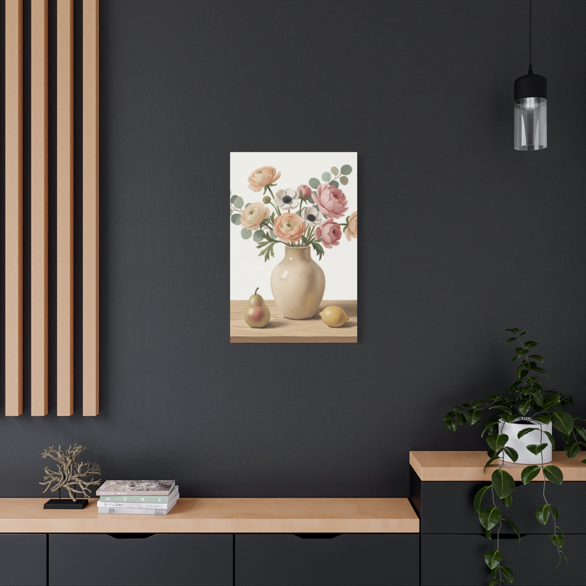 Floral Vase Canvas Wall Art — Pastel Peonies & Ranunculus Stretched Print