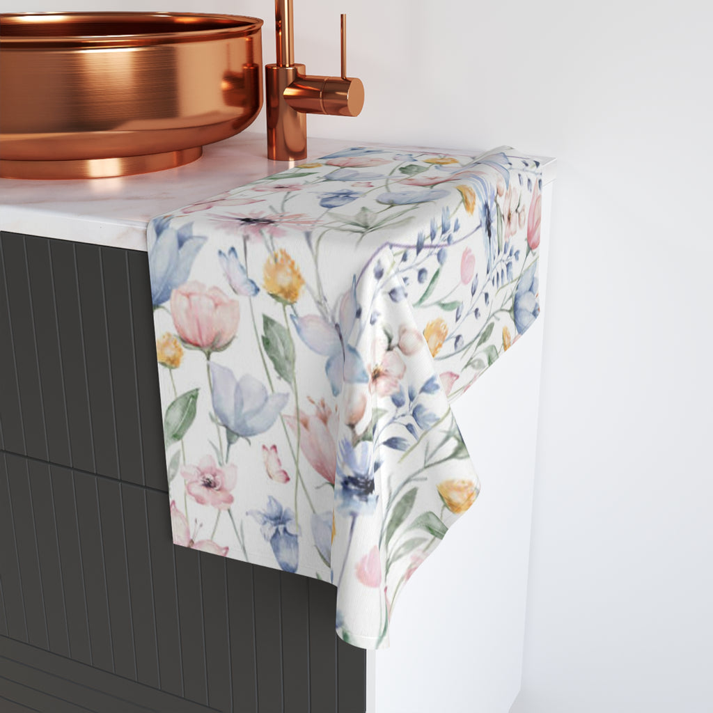 Floral Watercolor Hand Towel — Pastel Wildflower Kitchen & Bath Towel