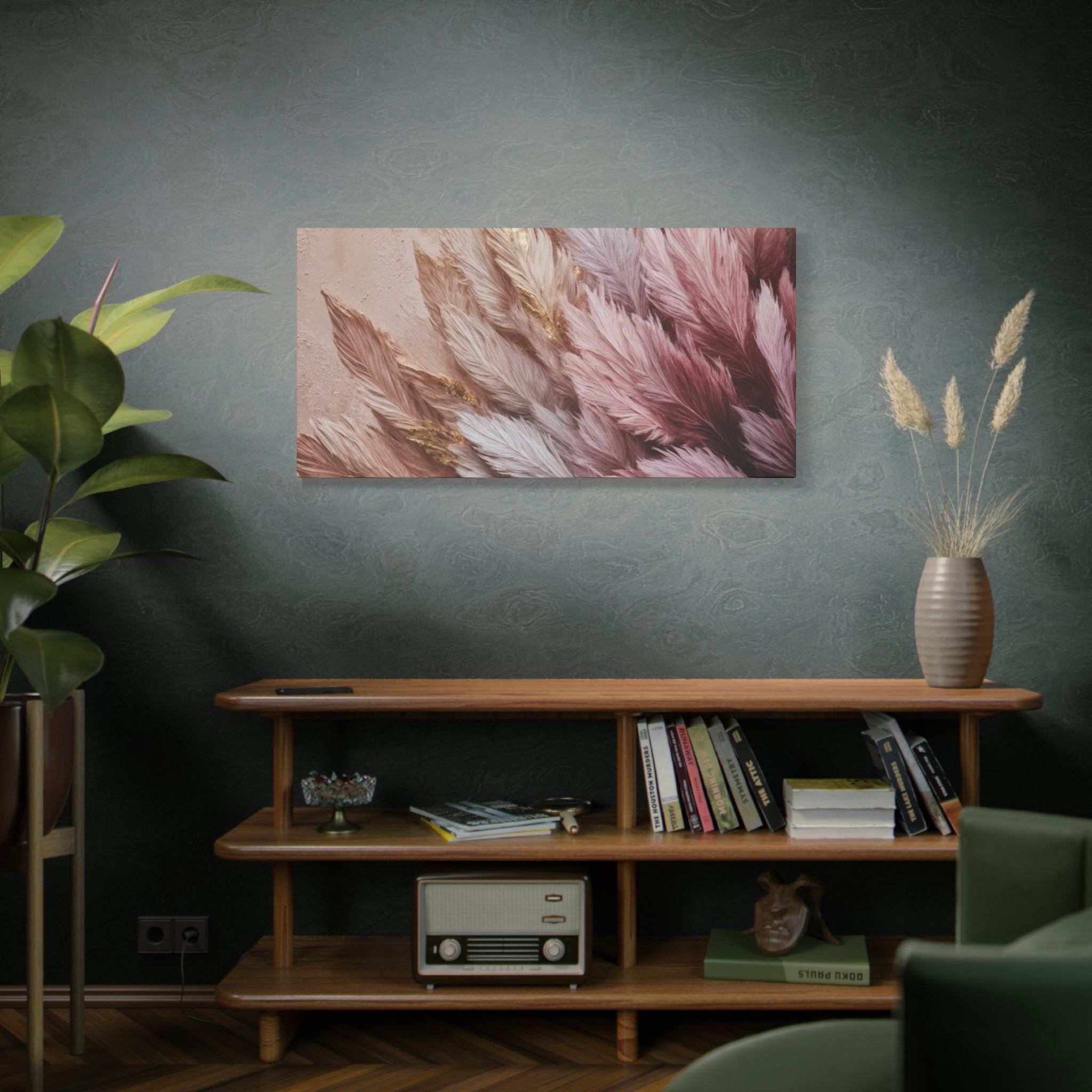Feathered Pampas Wall Art Canvas — Blush Pink Botanical Decor, Matte Stretched 1.25"