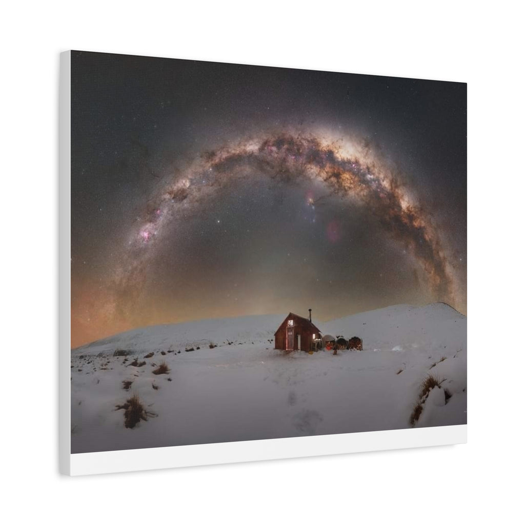 Milky Way Over Snowy Cabin — Matte Stretched Canvas Wall Art