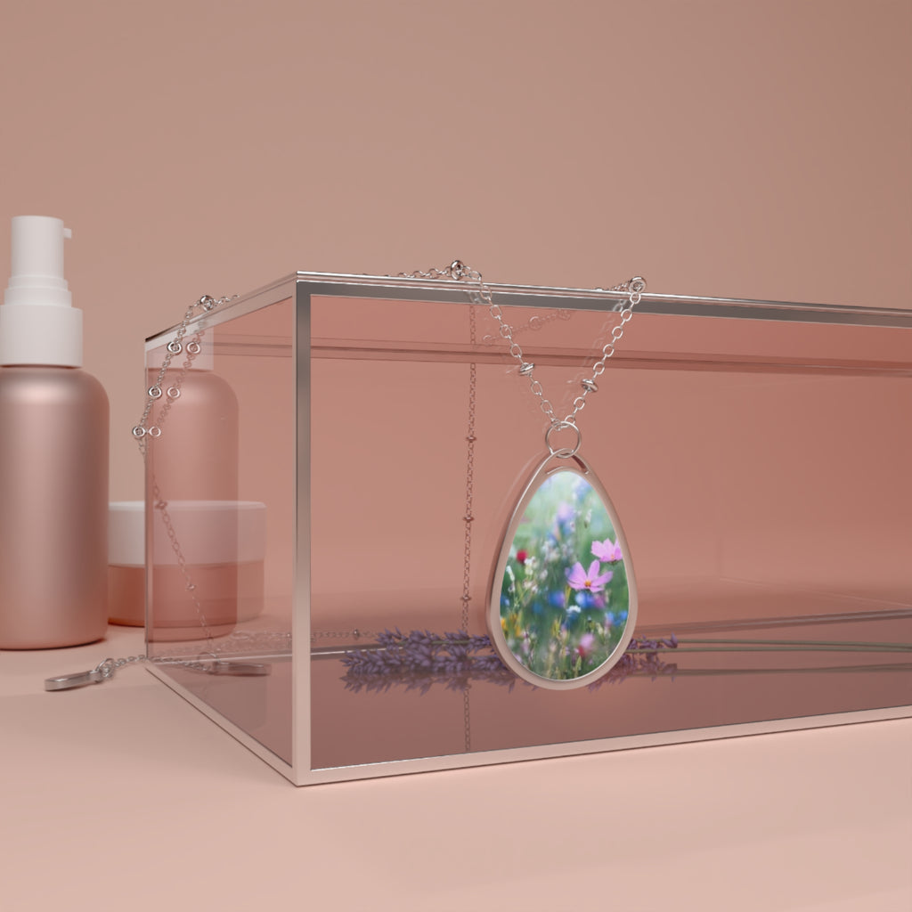 Spring Meadow Oval Pendant Necklace — Floral Photo Teardrop Jewelry
