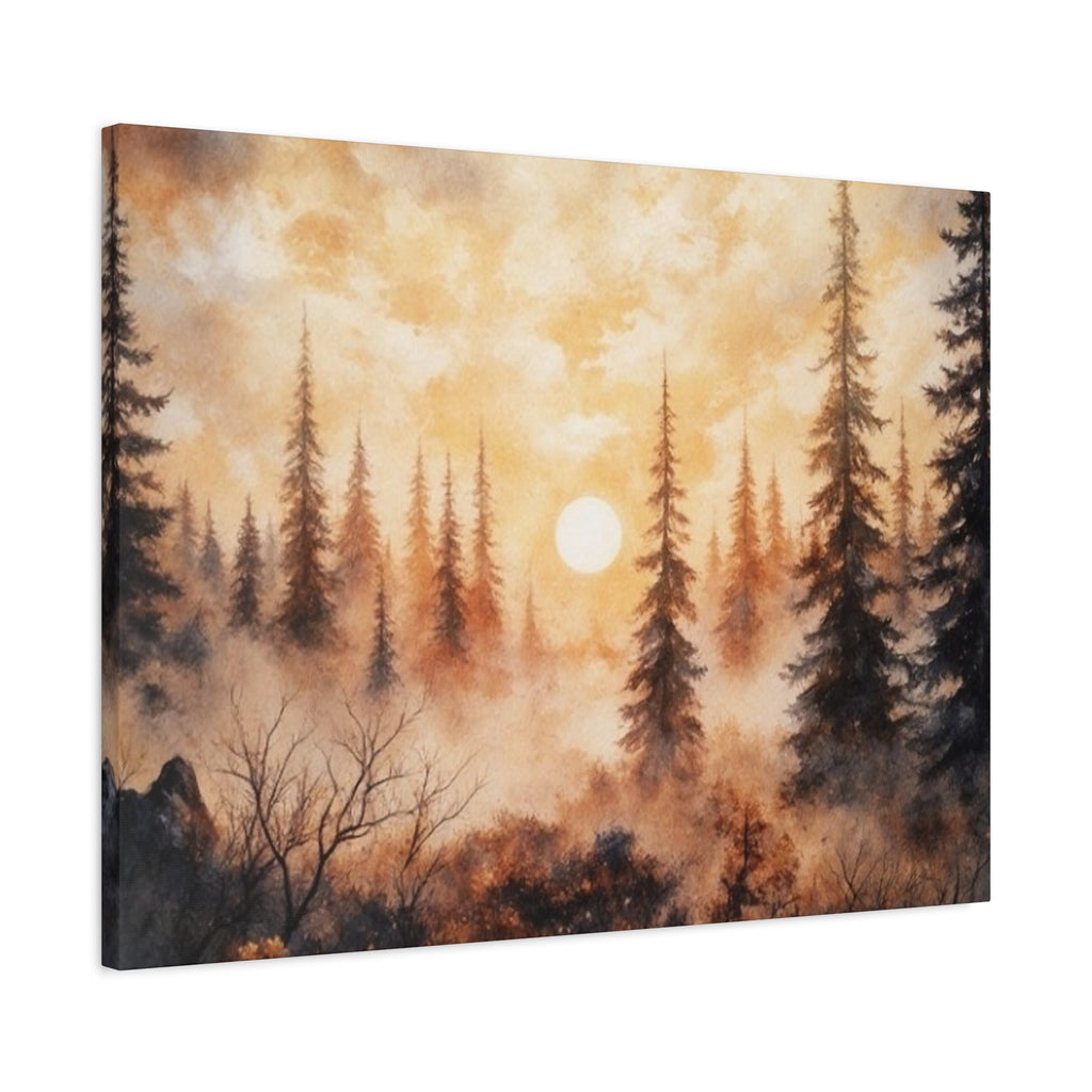 Canvas Wall Art - Misty Pine Forest Sunrise Matte Stretched Canvas