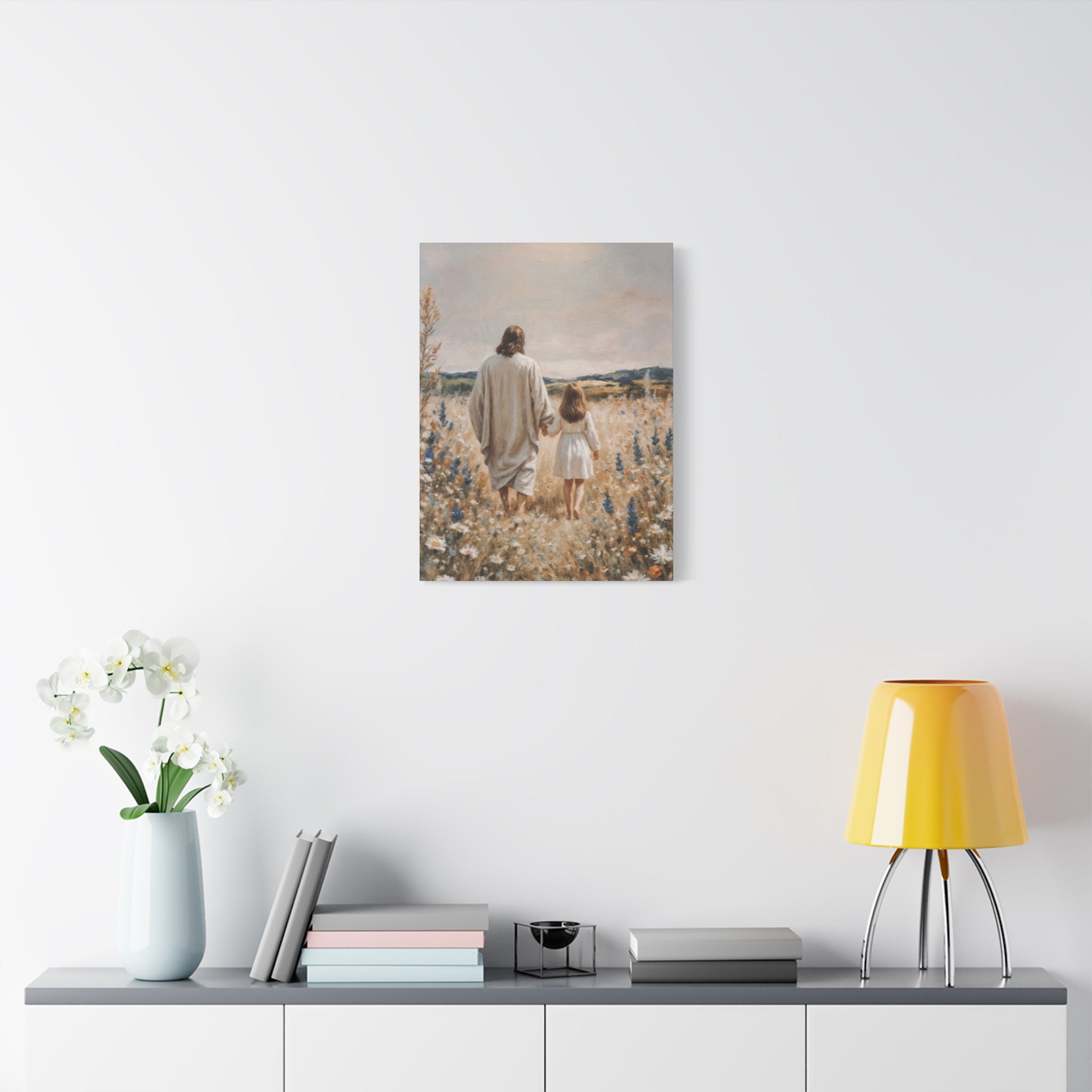 Jesus and Child Walking in Field Canvas Art - Religious Wall Decor