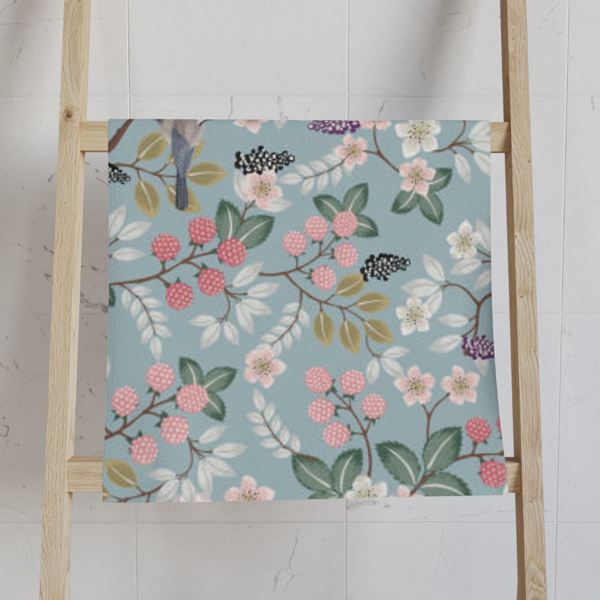 Floral Songbird Hand Towel — Pastel Botanical Kitchen & Bath Decor