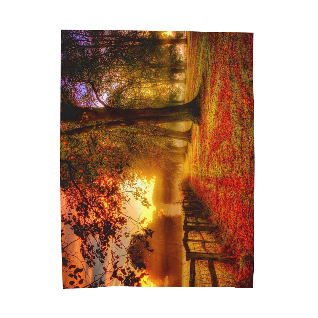 Velveteen Plush Blanket – Golden Autumn Forest Sunset Landscape
