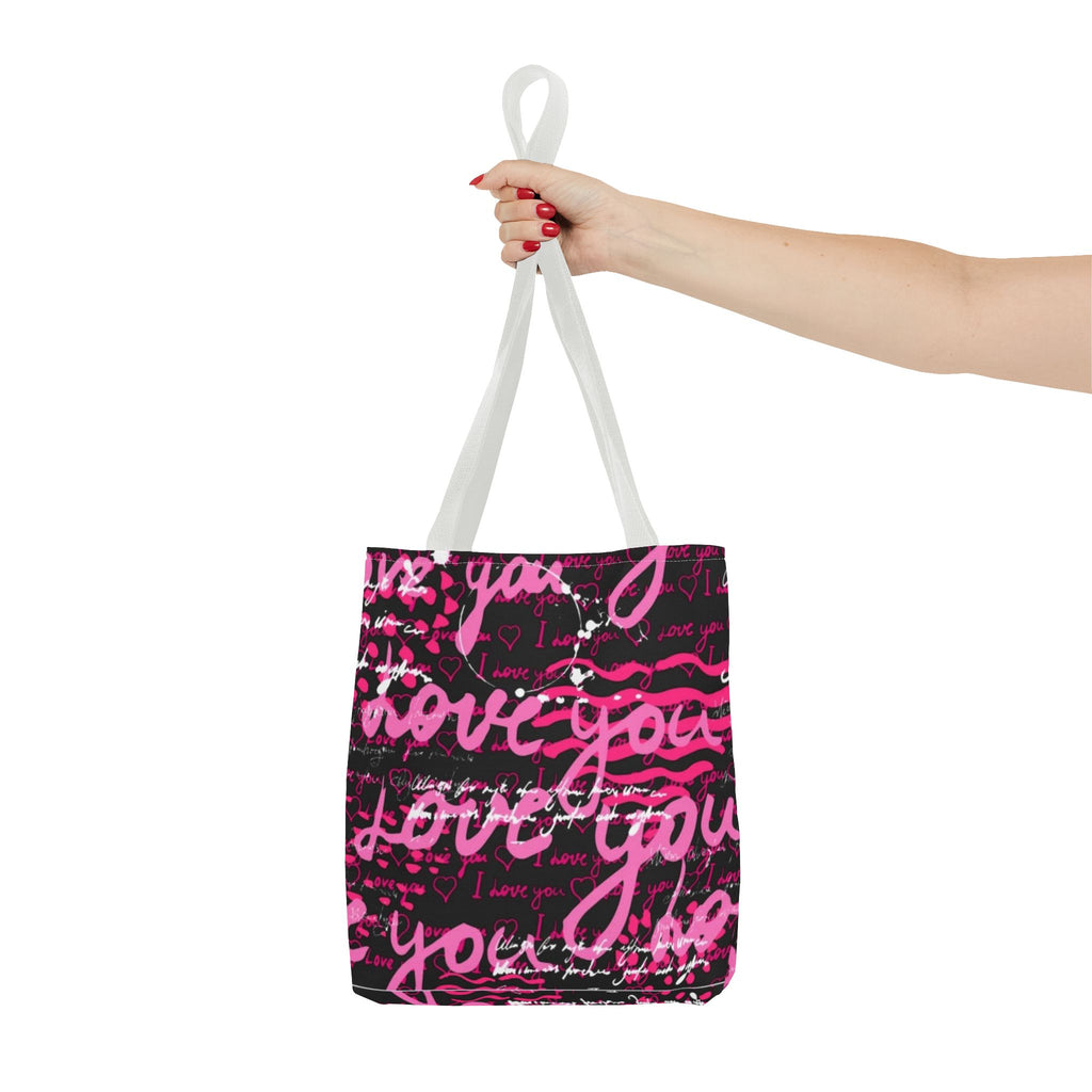 Love You Script Pattern Tote Bag – Pink Graffiti All-Over Print