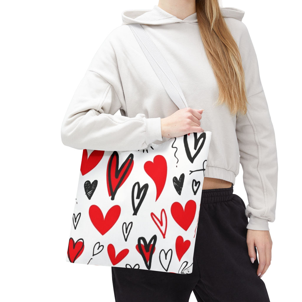 Heart Pattern Tote Bag — Red & Black Doodle Hearts All-Over Print