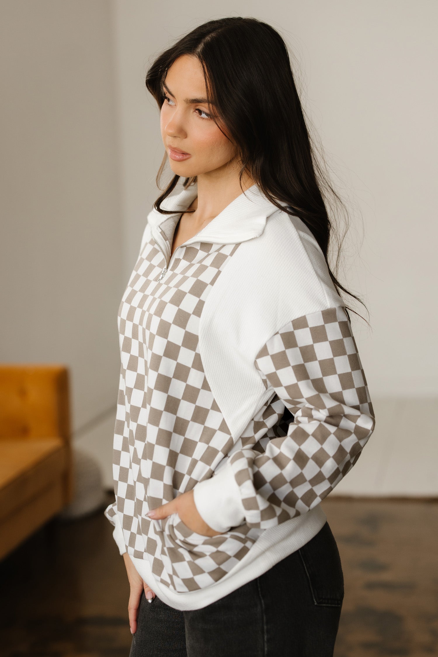 Tan Checkered Sweatshirt