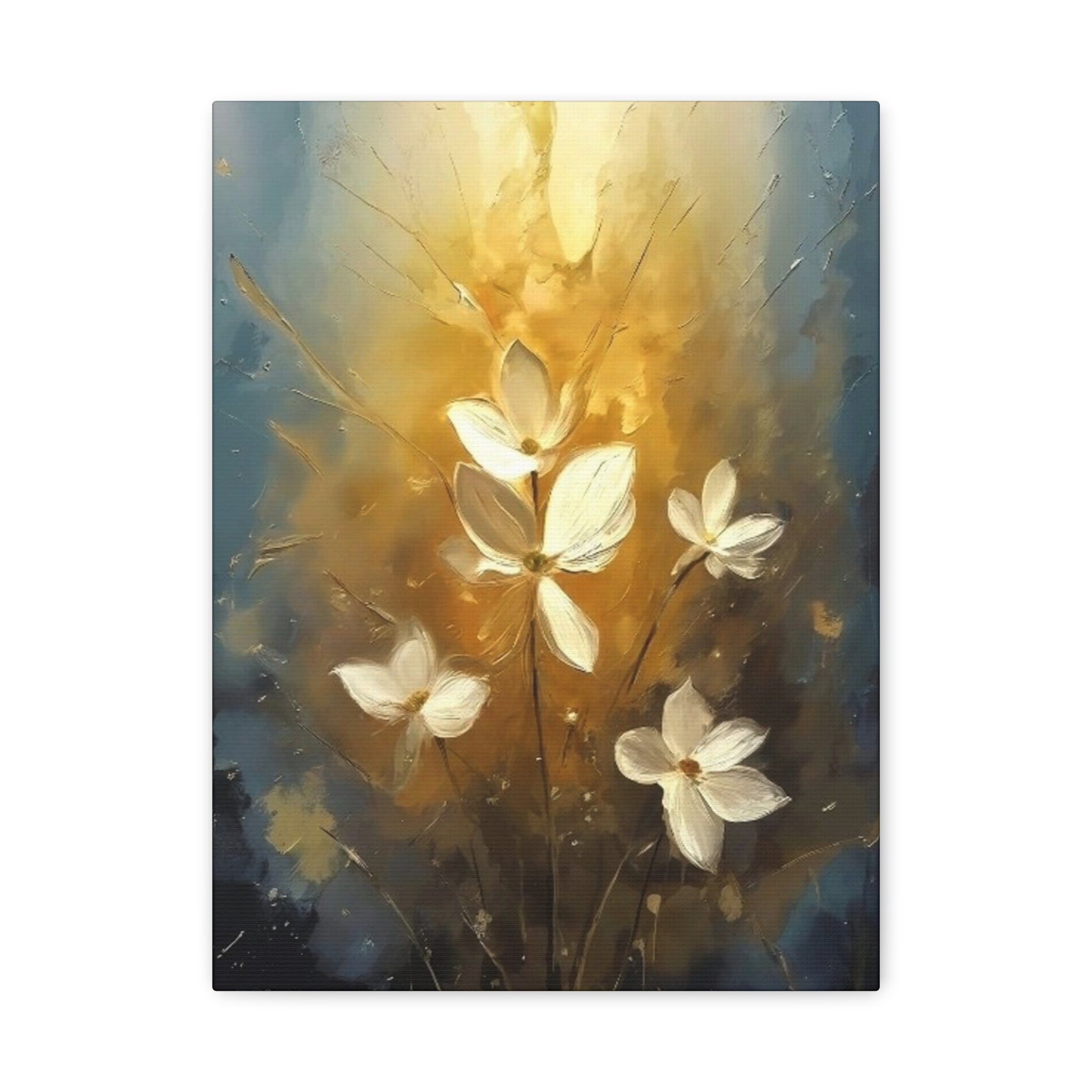 Golden Floral Canvas Print – Abstract White Flowers on Matte Stretched Canvas