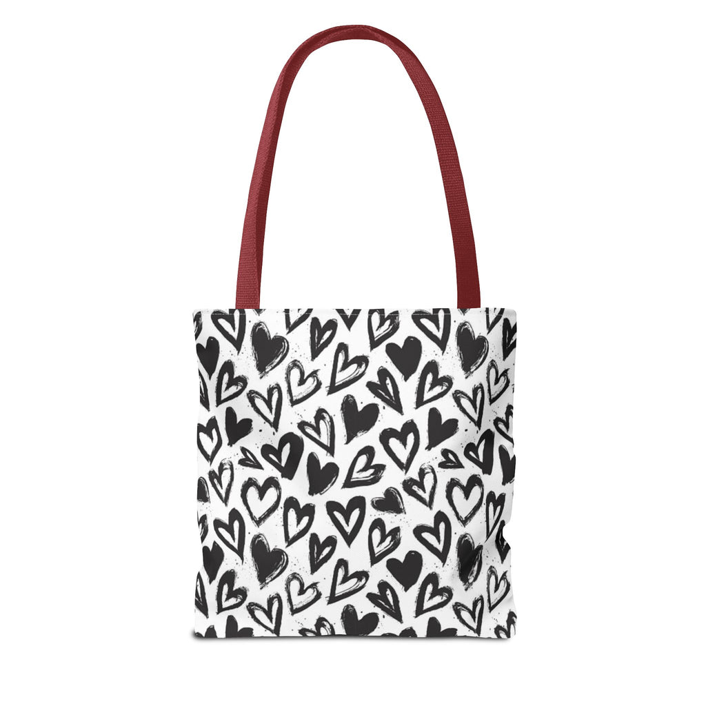 Heart Pattern Tote Bag — Black & White Hand-Drawn Hearts All-Over Print