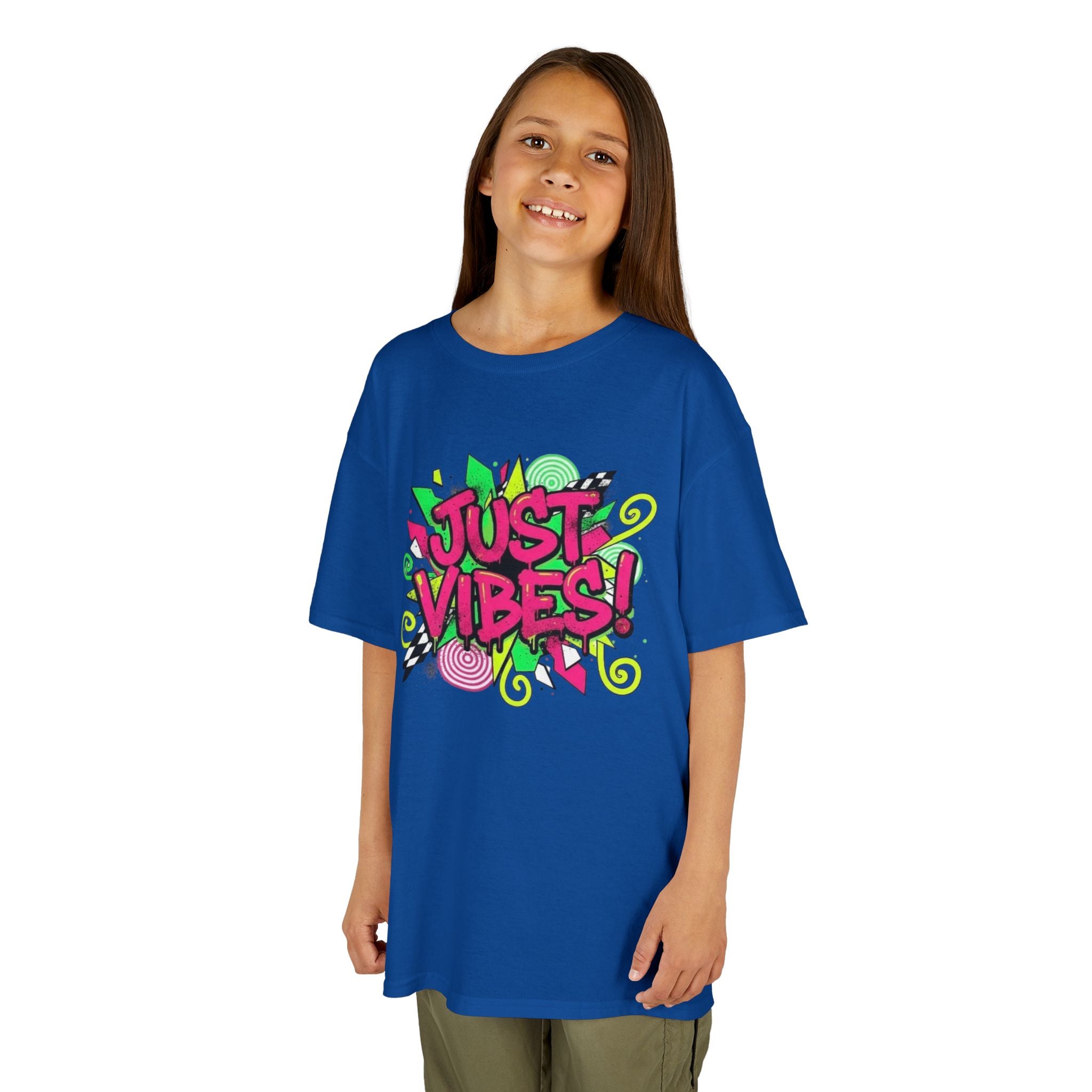 Kids T‑Shirt — "Just Vibes" Neon Graffiti Graphic Tee for Playful, Trendy Kids