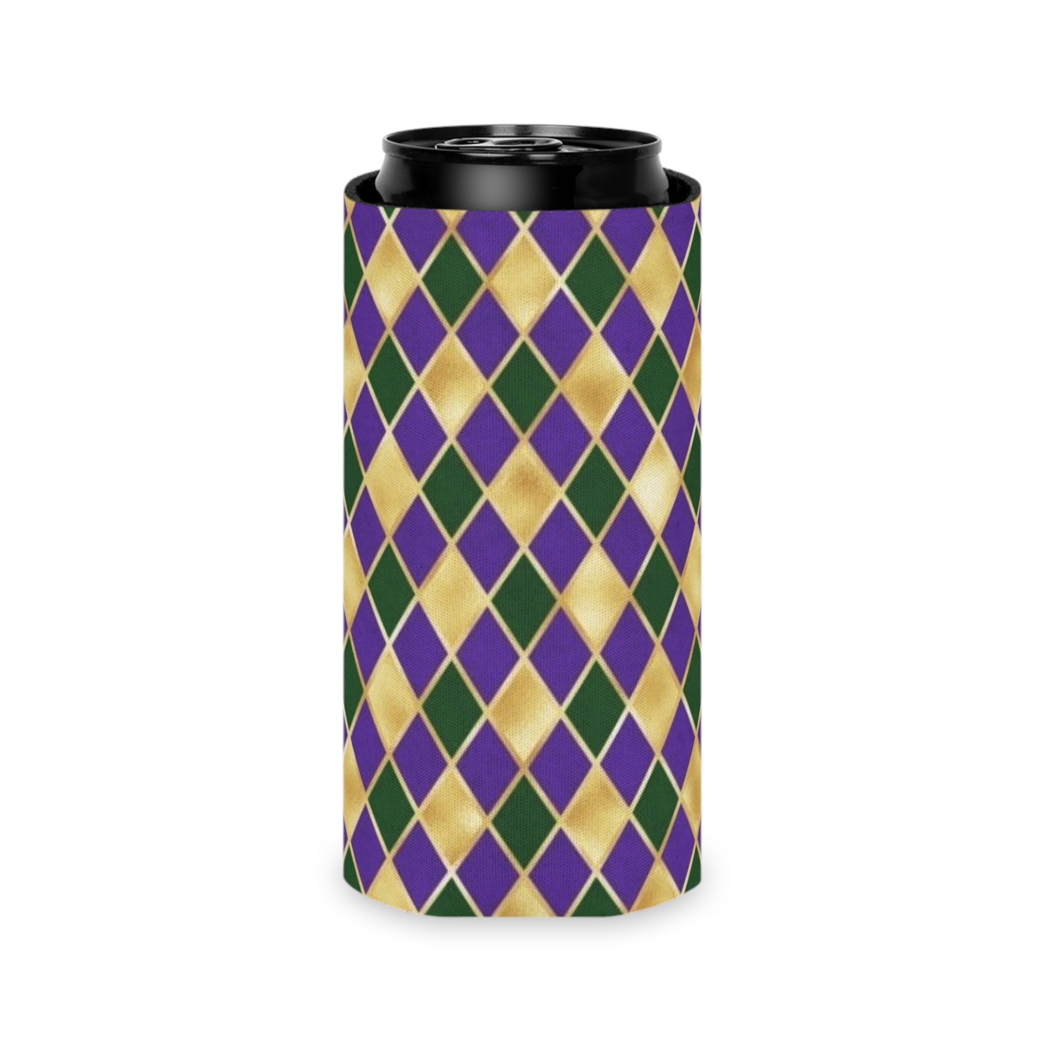 Mardi Gras Diamond Can Cooler — Purple Green Gold Beverage Koozie
