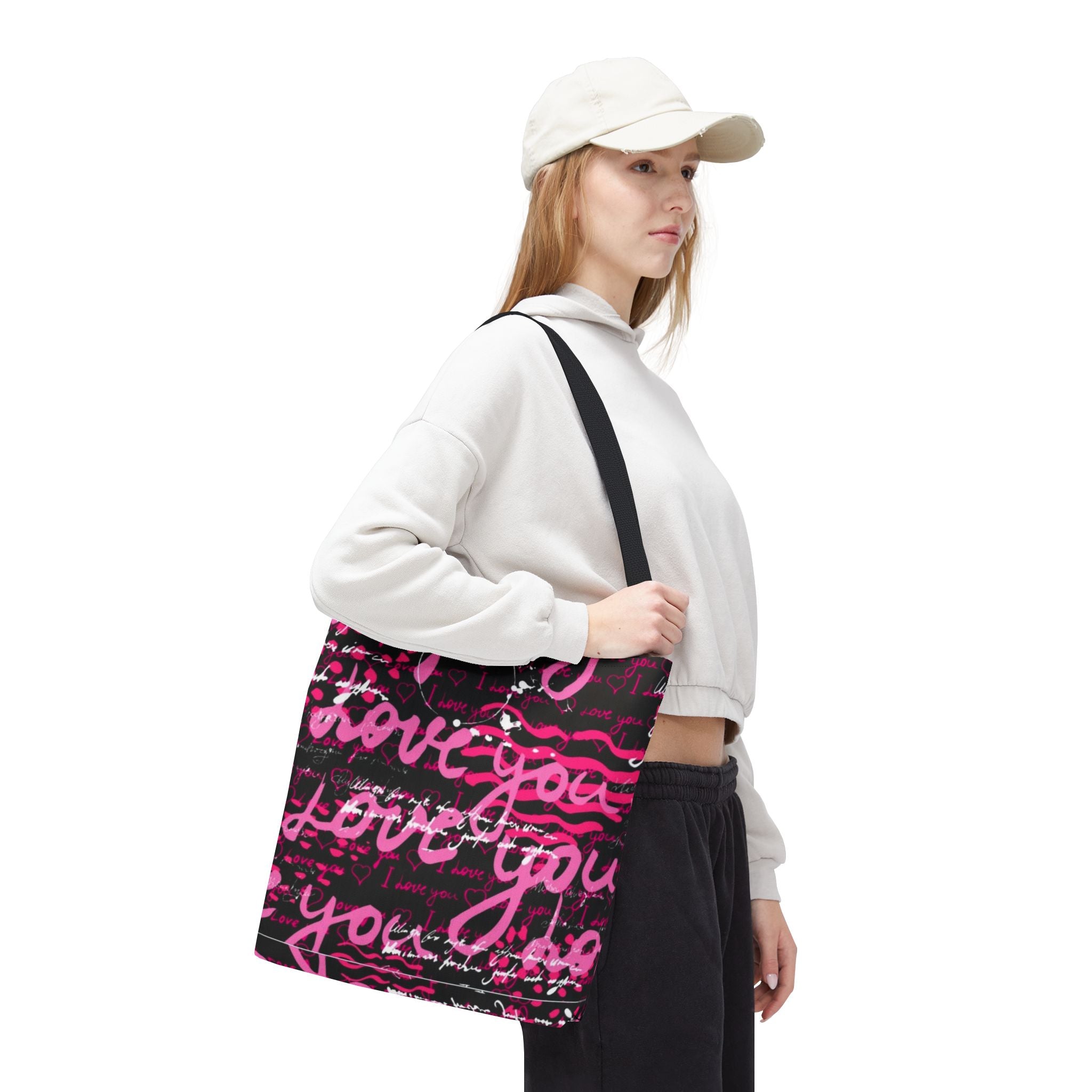 Love You Script Pattern Tote Bag – Pink Graffiti All-Over Print