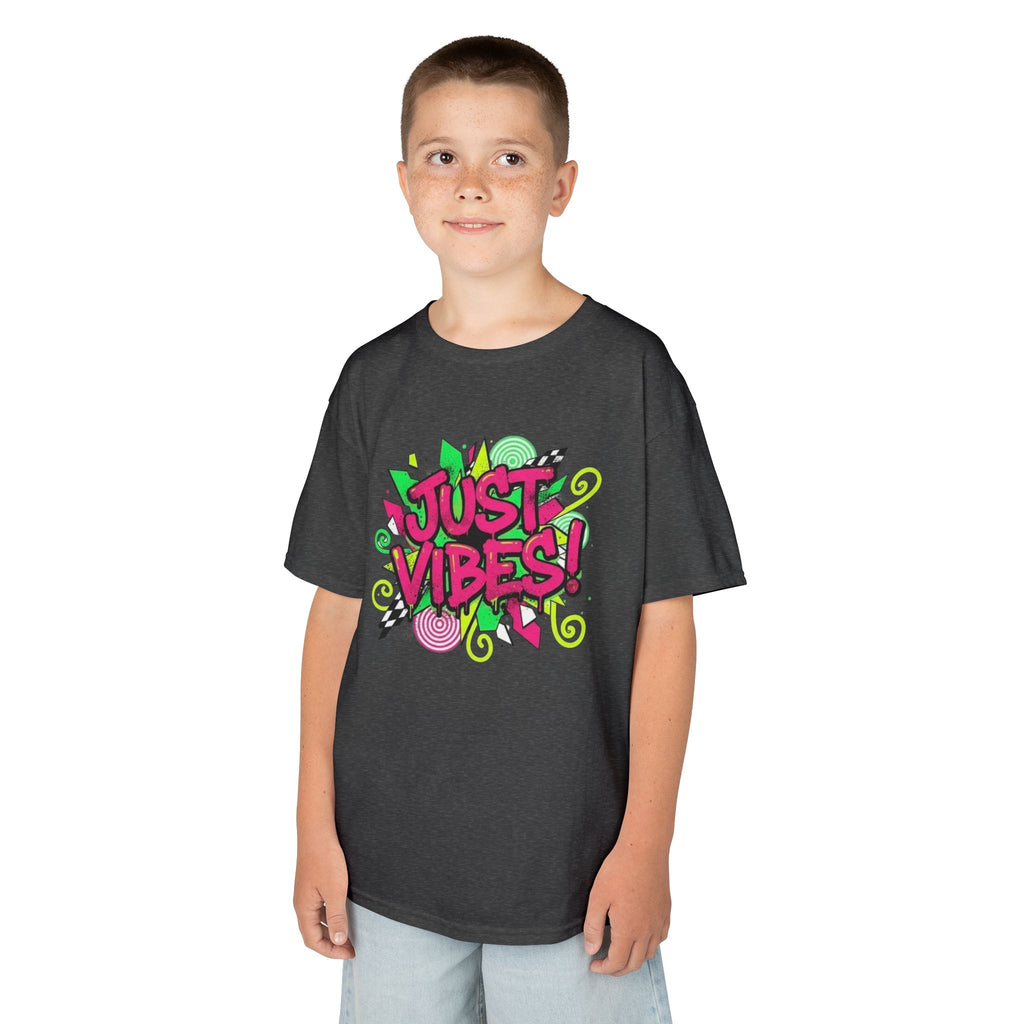 Kids T‑Shirt — "Just Vibes" Neon Graffiti Graphic Tee for Playful, Trendy Kids