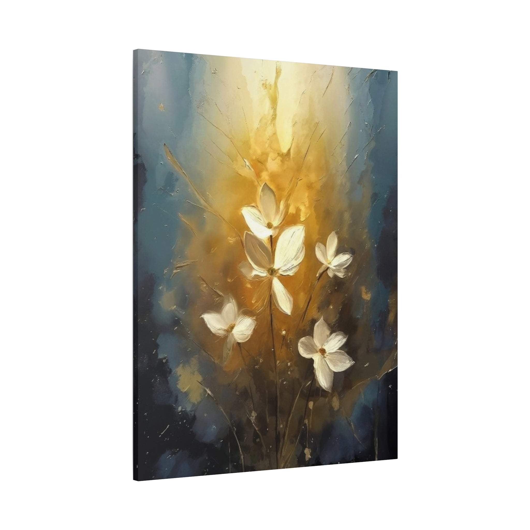 Golden Floral Canvas Print – Abstract White Flowers on Matte Stretched Canvas